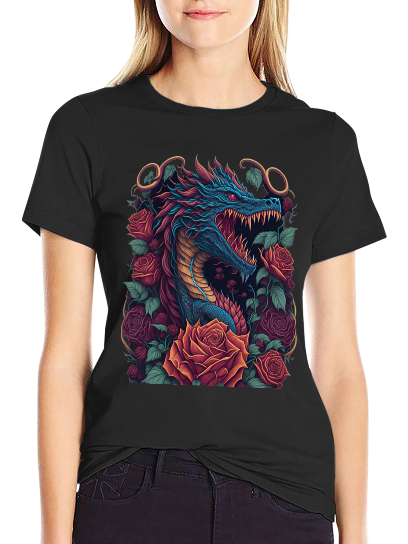 Dragon & Roses Graphic Tee - Unique Design