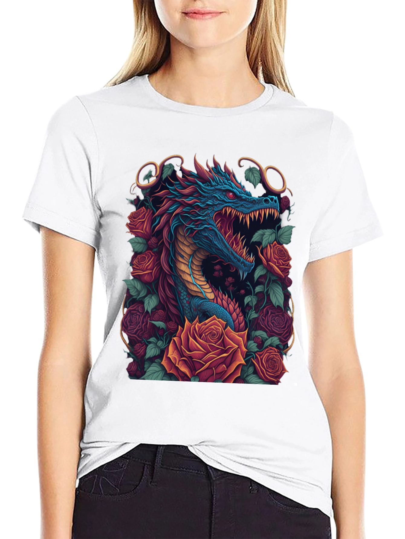 Dragon & Roses Graphic Tee - Unique Design
