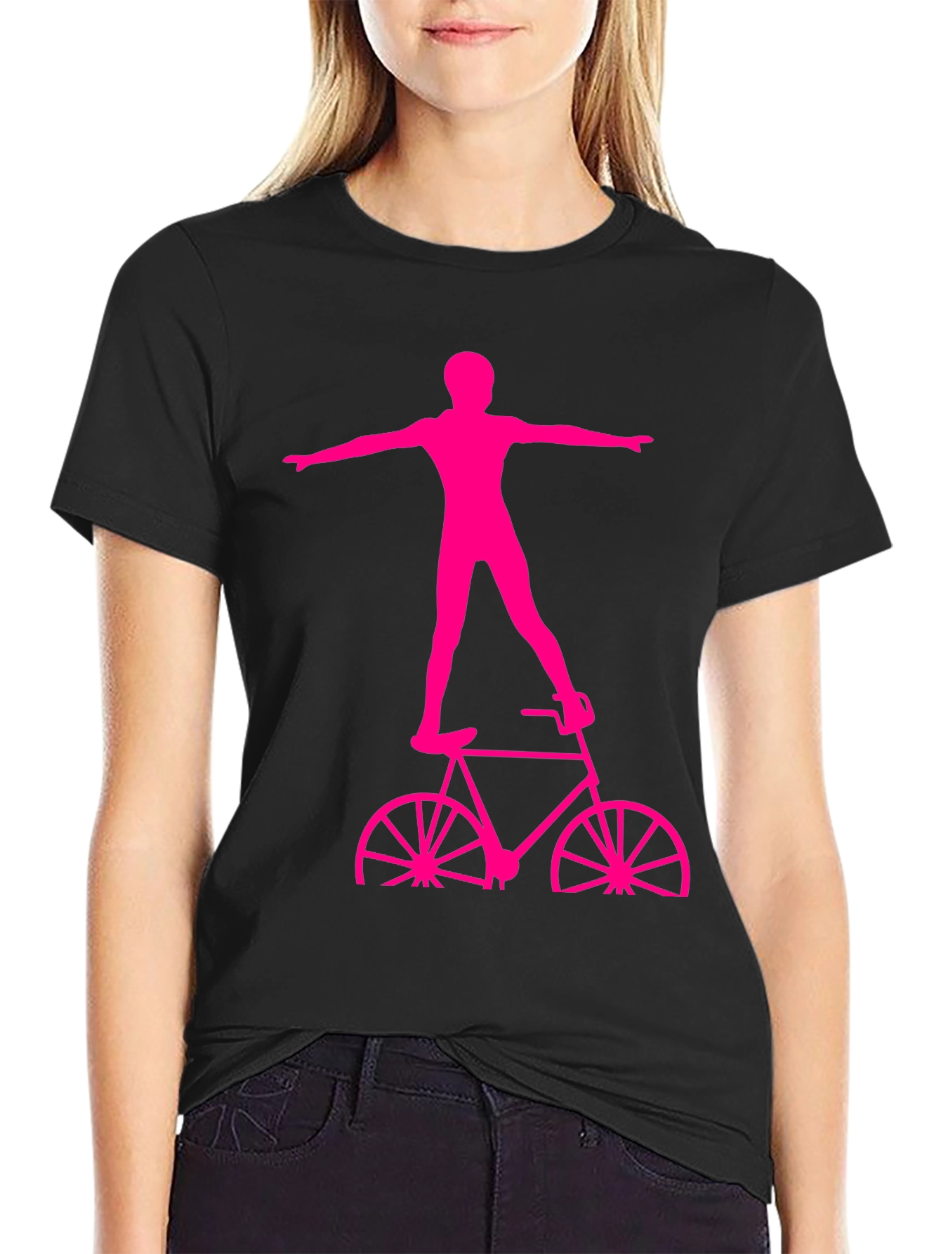 Black T-Shirt with Pink Bicycle Stuntman Graphic