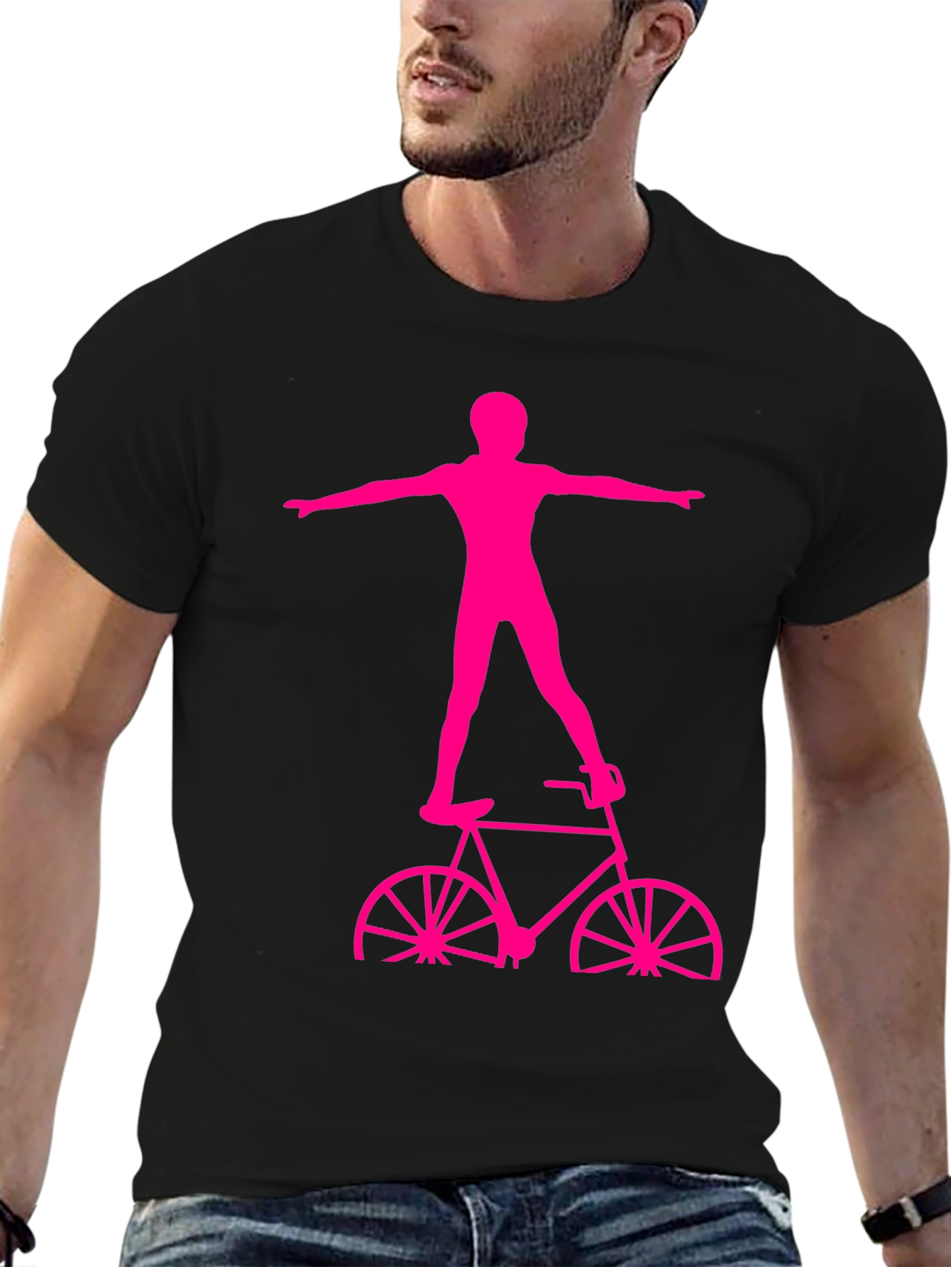 Black T-Shirt with Pink Bicycle Stuntman Graphic