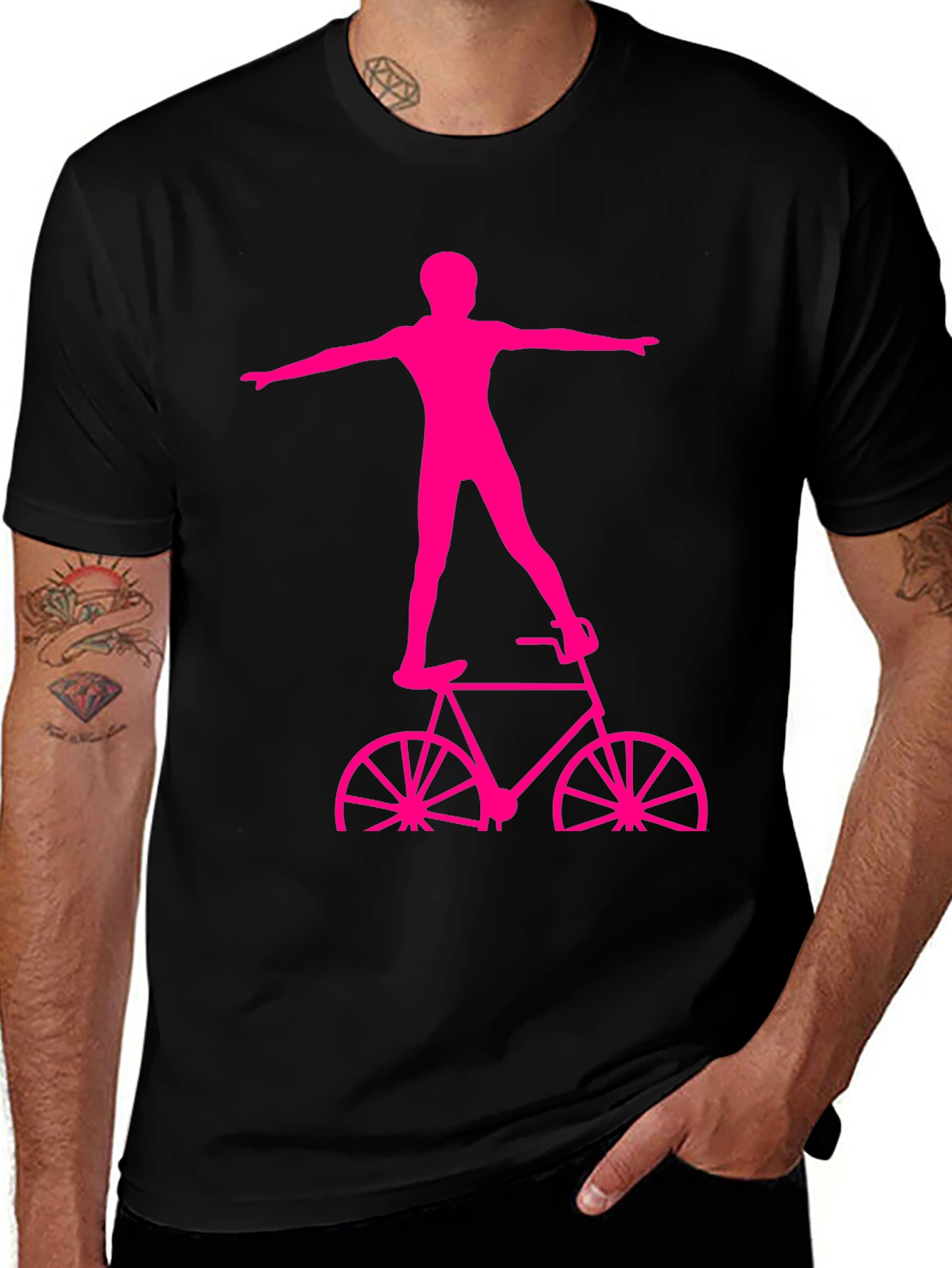 Black T-Shirt with Pink Bicycle Stuntman Graphic