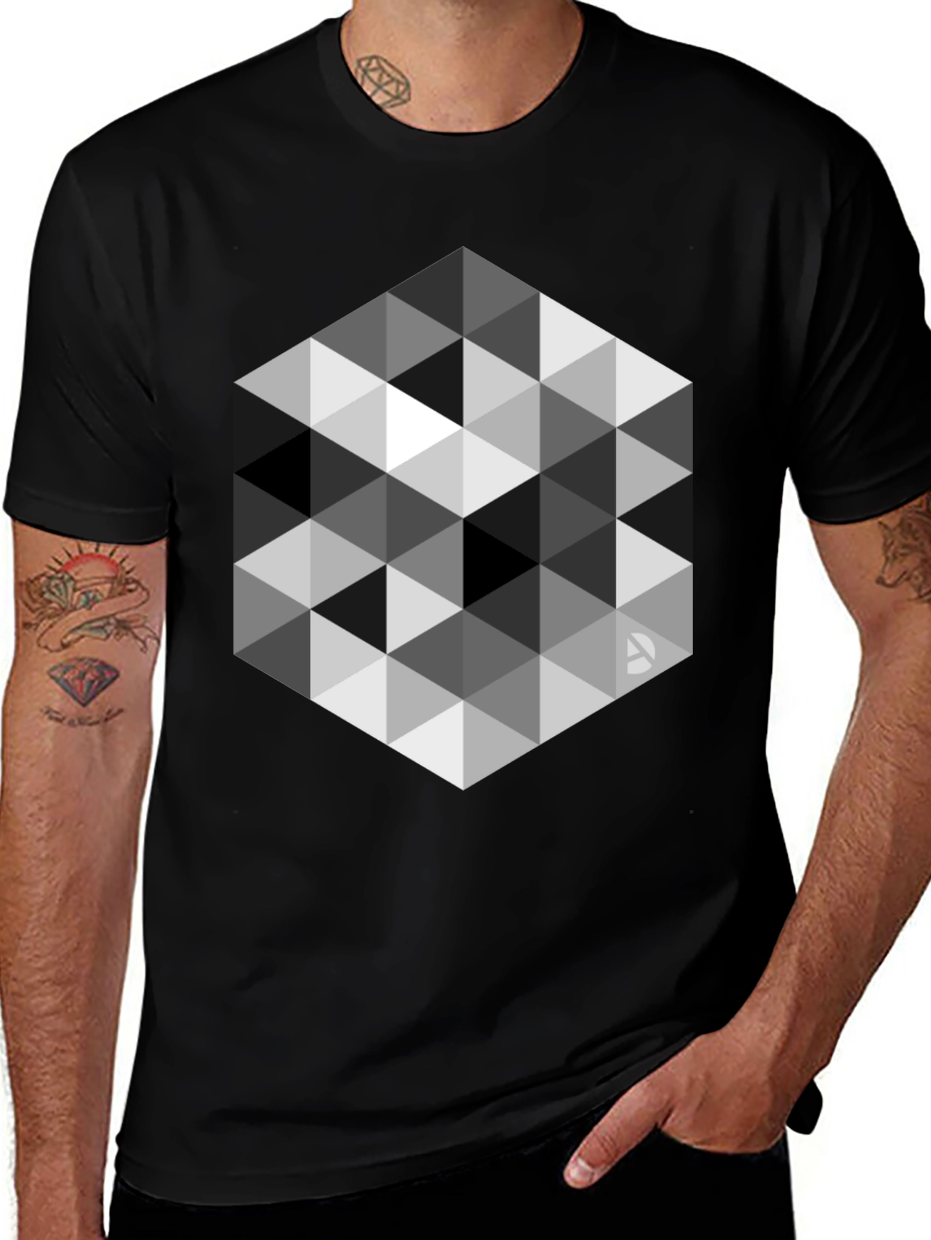 Geometric Triangle Pattern Black T-Shirt