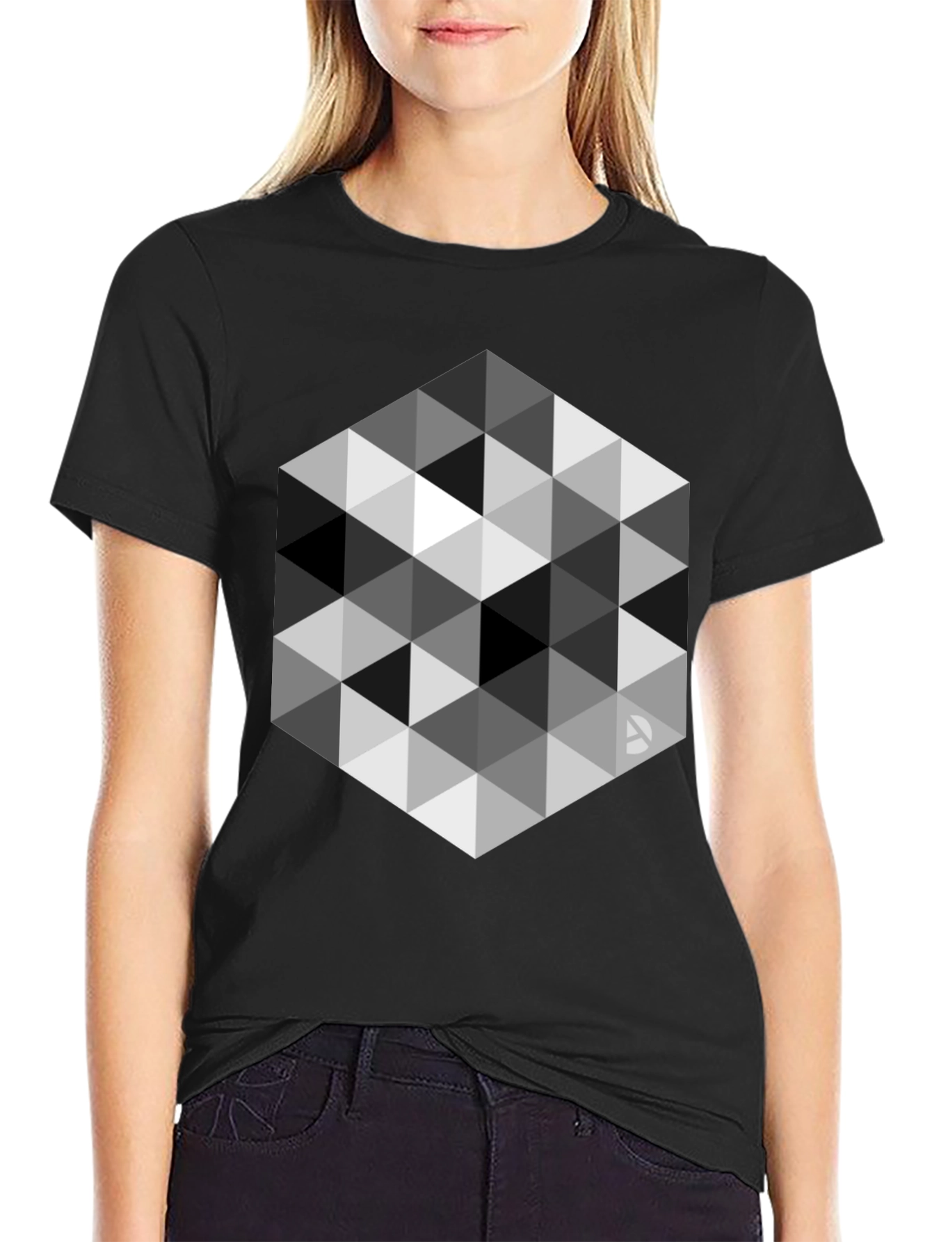 Geometric Triangle Pattern Black T-Shirt