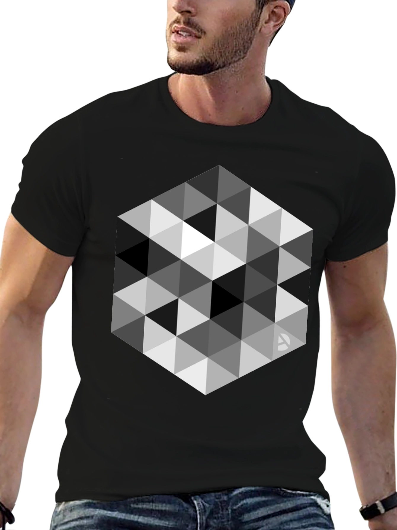 Geometric Triangle Pattern Black T-Shirt