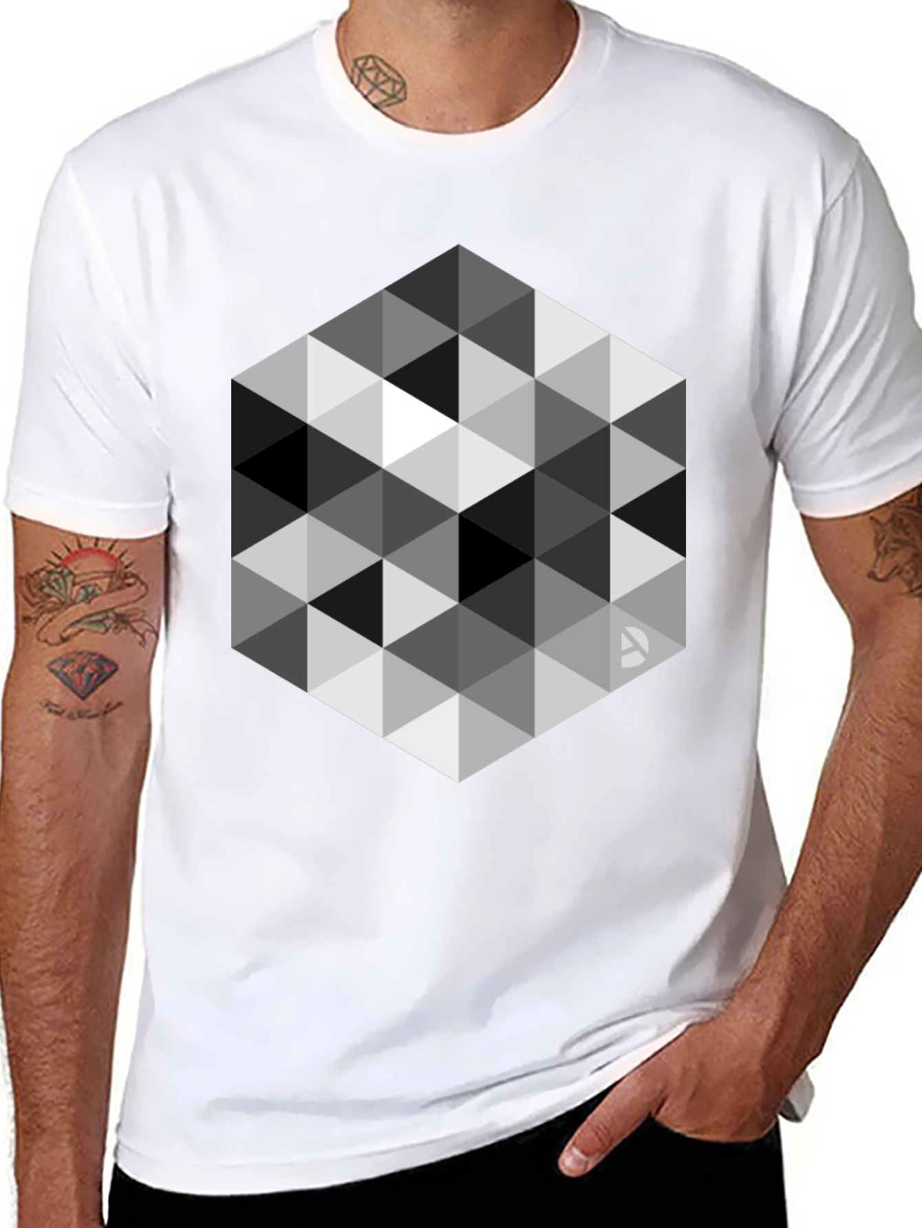 Geometric Triangle Pattern Black T-Shirt