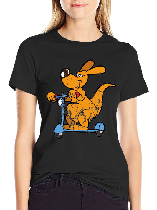 Cartoon Kangaroo Scooter Graphic Tee - Cool Black T-Shirt