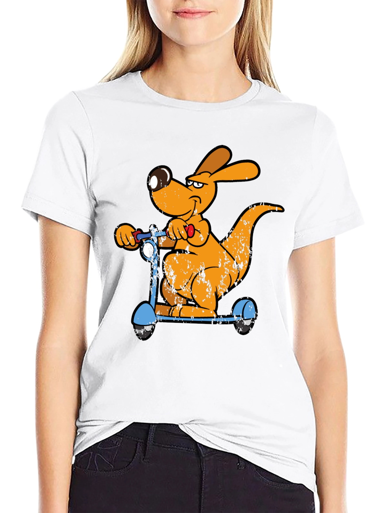 Cartoon Kangaroo Scooter Graphic Tee - Cool Black T-Shirt