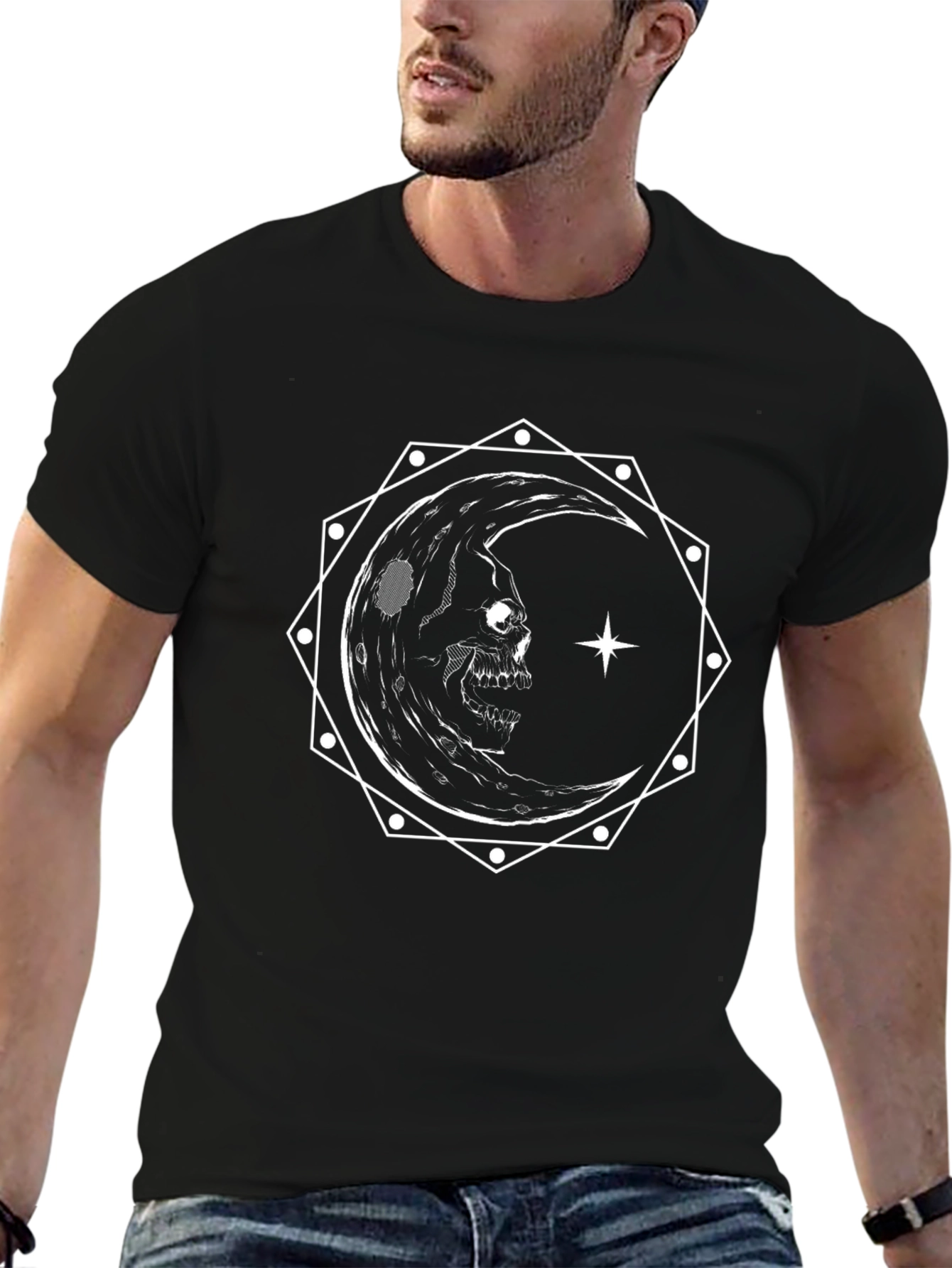 Skull Moon Graphic Tee - Gothic Crescent Design