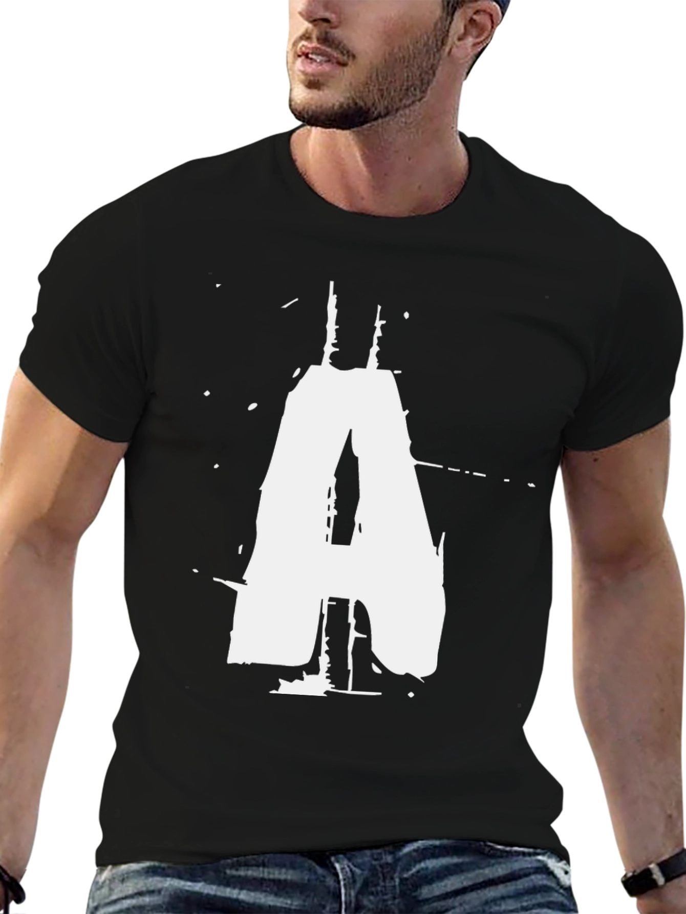 Black T-Shirt with White Distressed Letter A Graphic