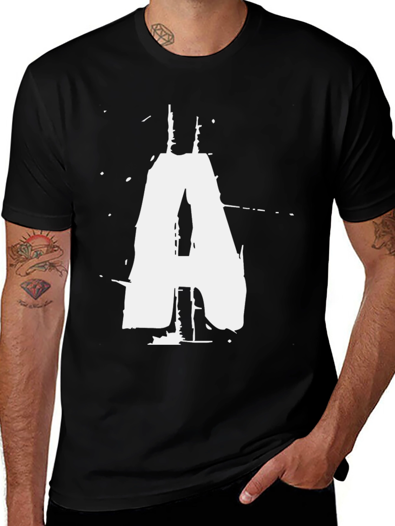 Black T-Shirt with White Distressed Letter A Graphic