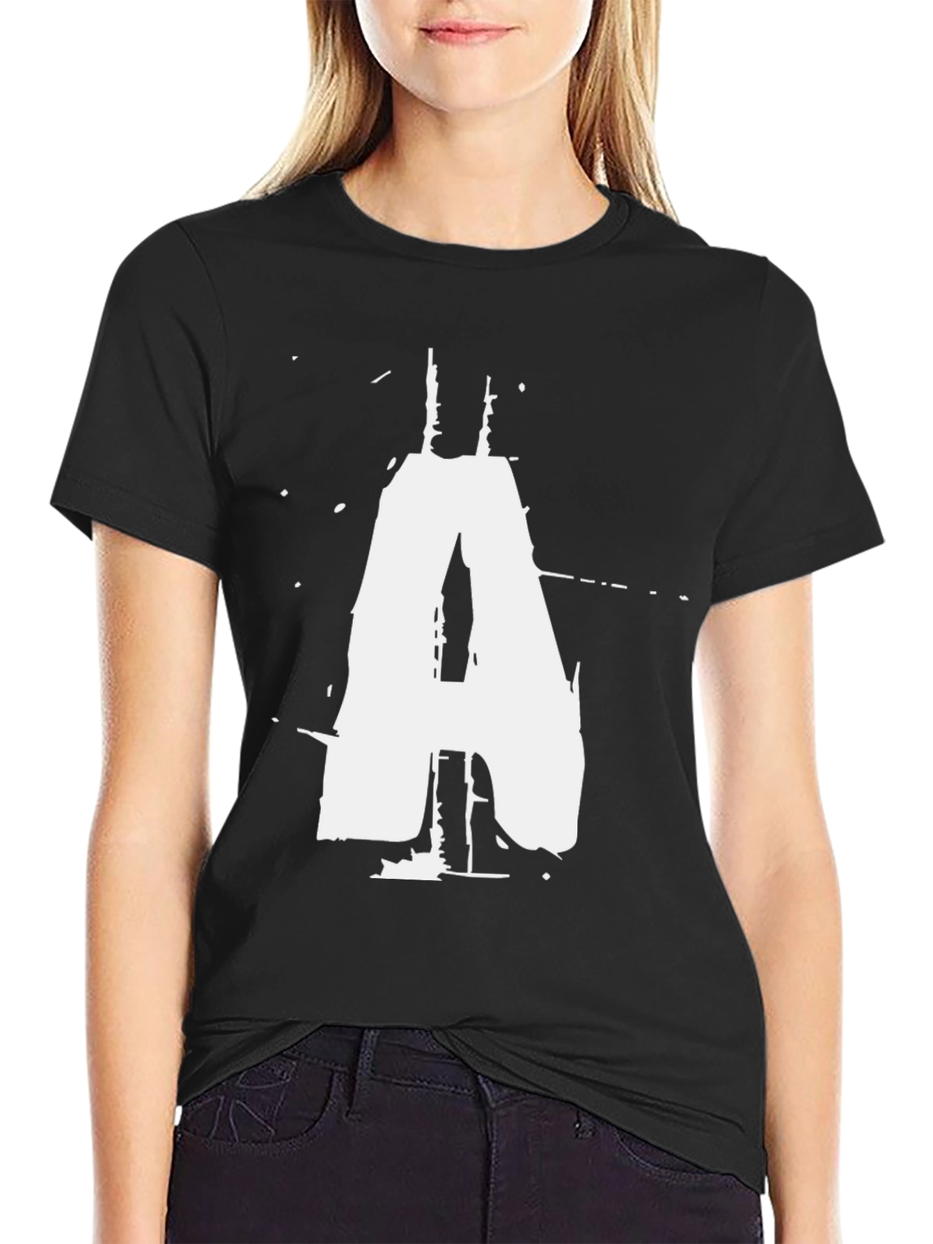 Black T-Shirt with White Distressed Letter A Graphic