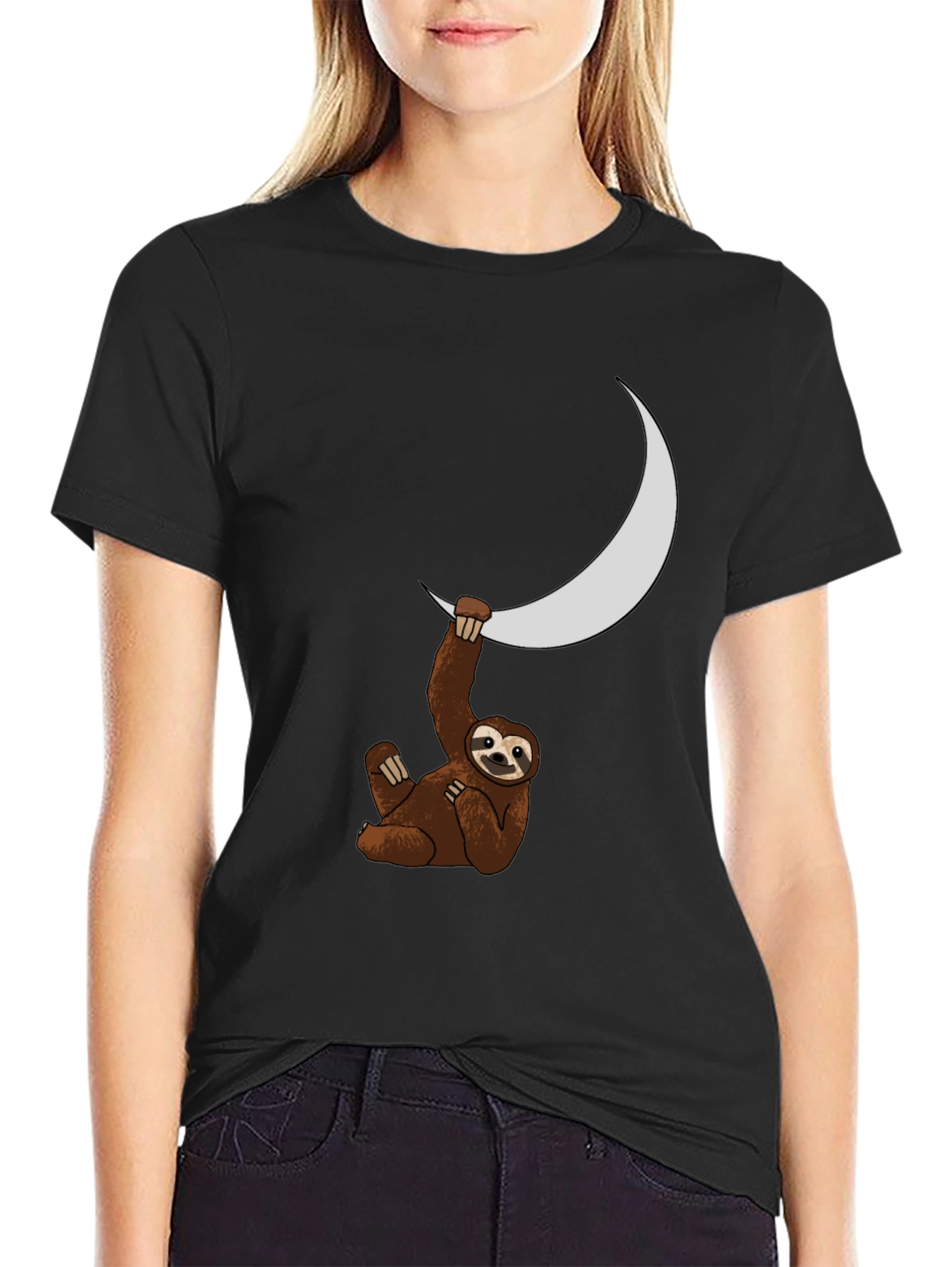 Sloth Moon Graphic Tee - Black Casual T-Shirt