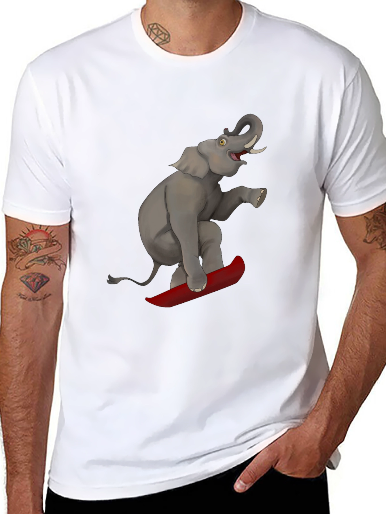 Elephant on Surfboard Graphic Tee - Fun & Unique!