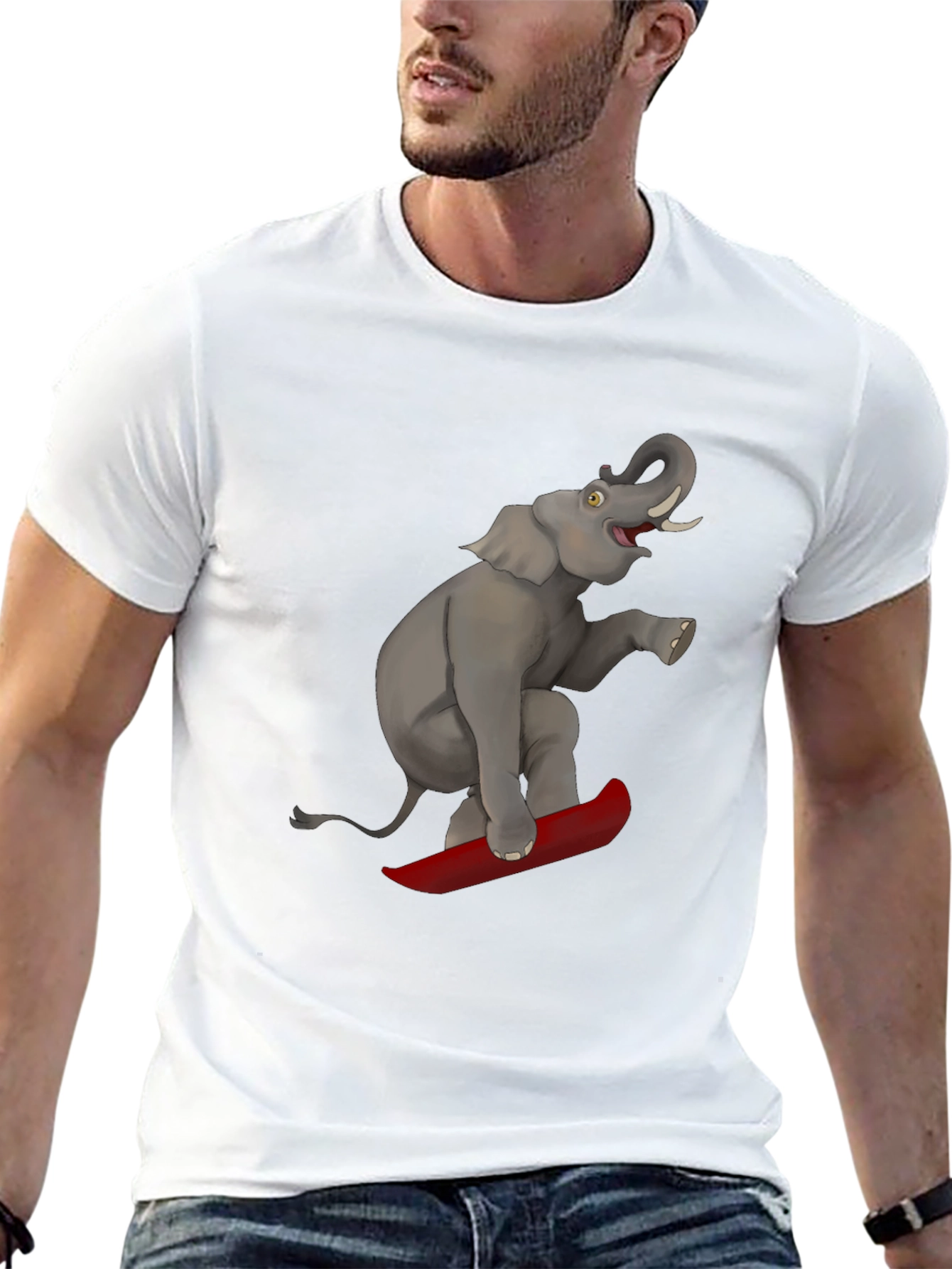 Elephant on Surfboard Graphic Tee - Fun & Unique!