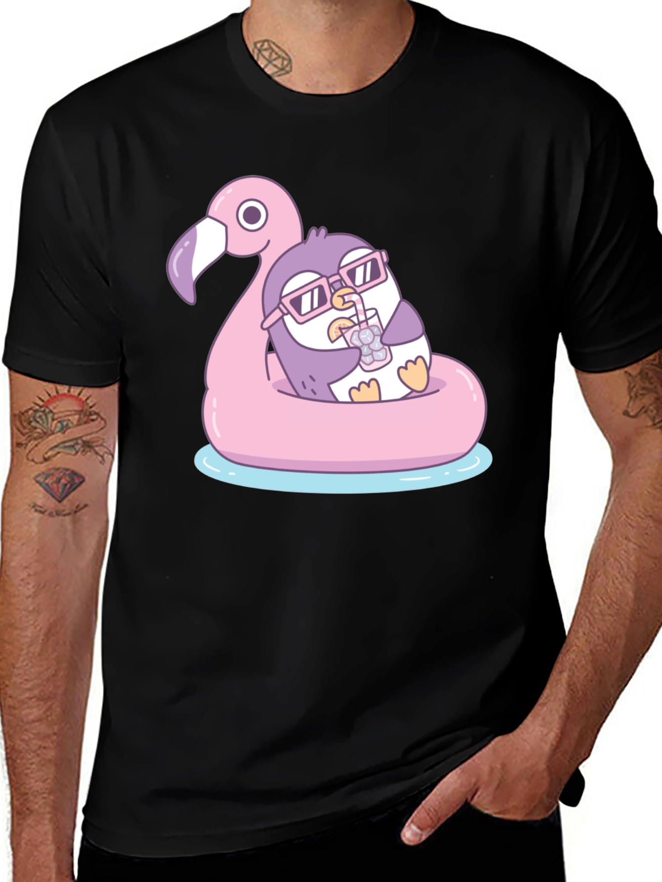 Penguin on Flamingo Float T-Shirt