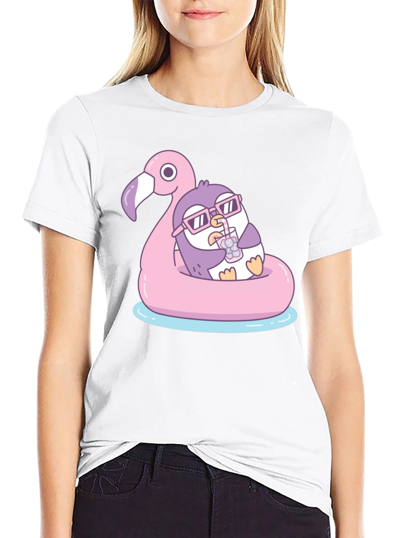 Penguin on Flamingo Float T-Shirt