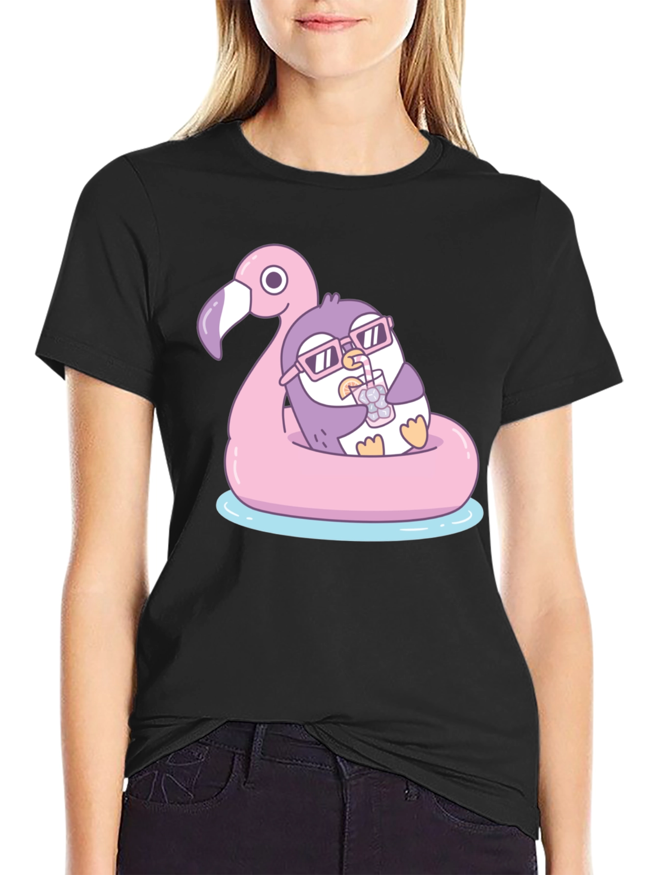 Penguin on Flamingo Float T-Shirt