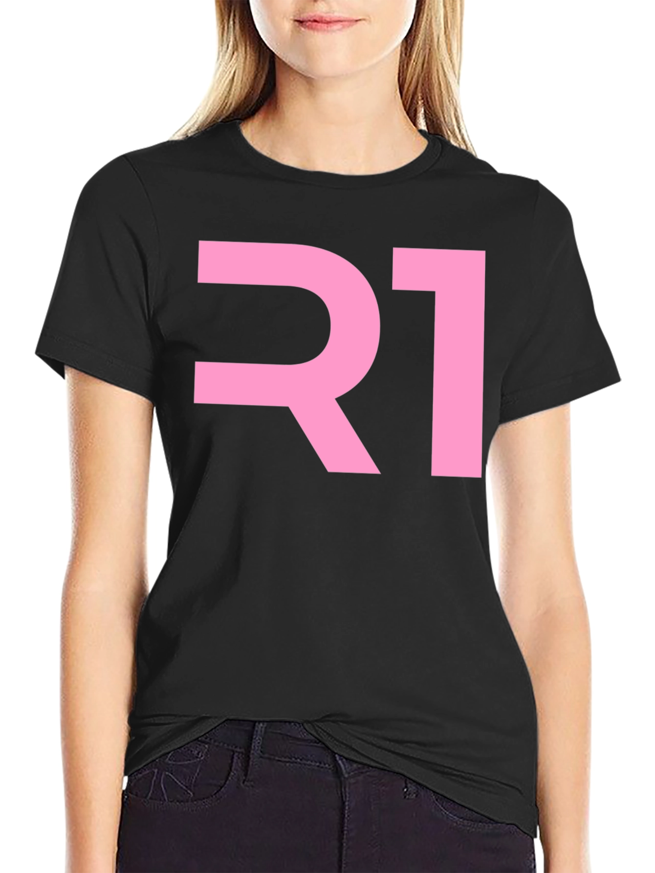 R1 Pink Graphic Tee - Black Cotton Blend T-Shirt
