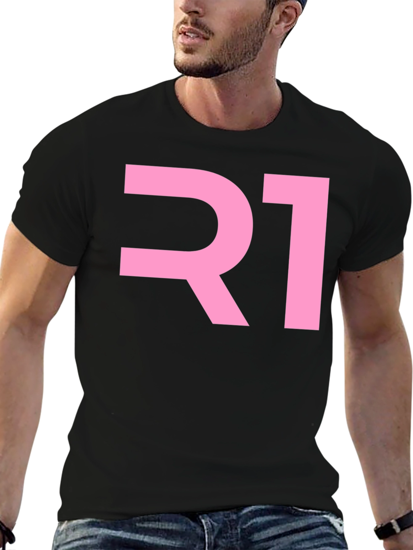 R1 Pink Graphic Tee - Black Cotton Blend T-Shirt