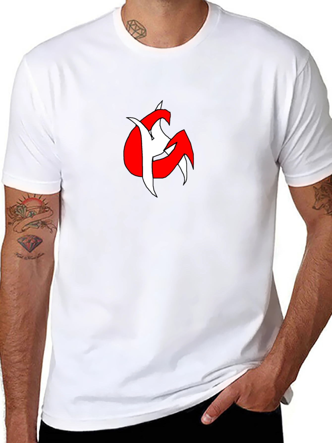 Bold Graphic Tee: Red & White Design on Black