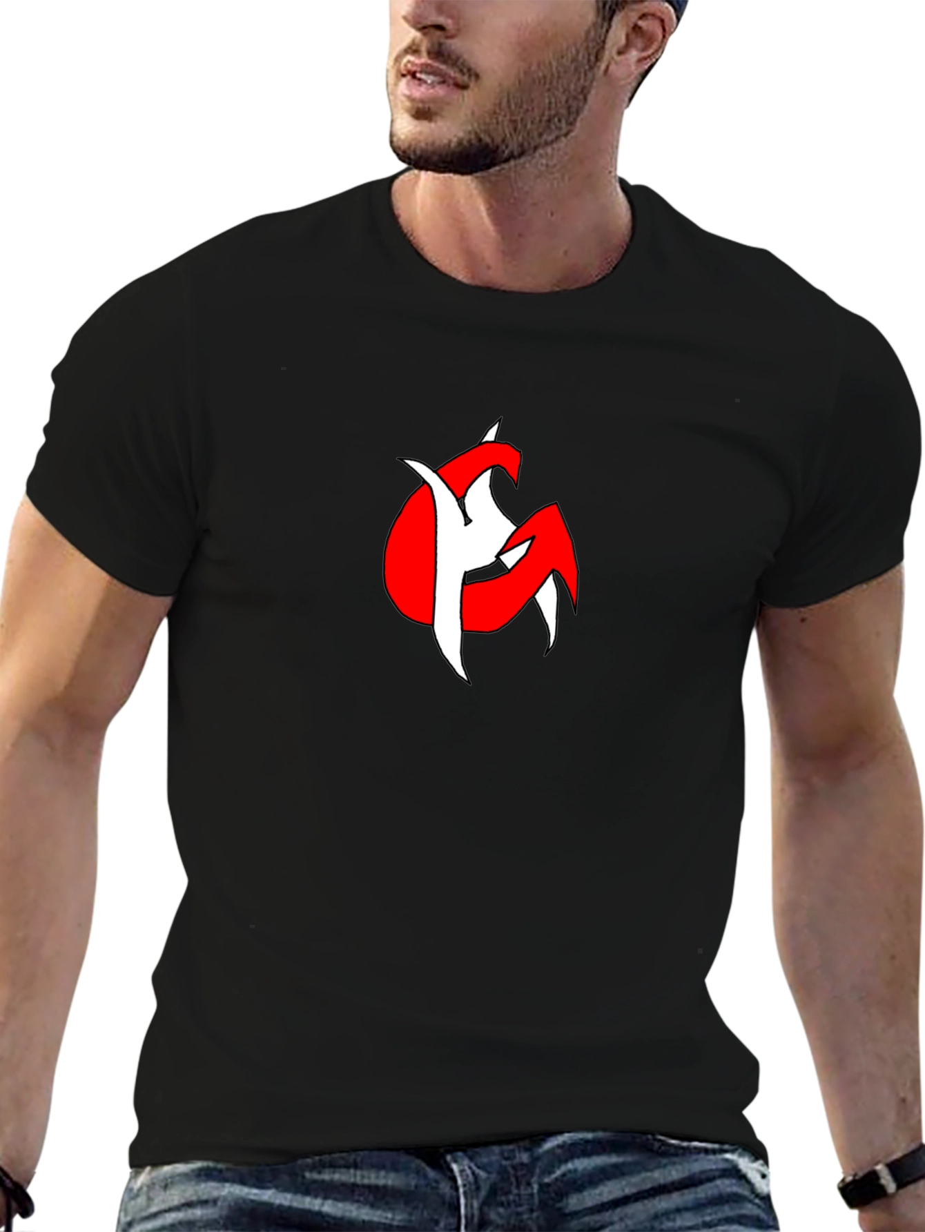 Bold Graphic Tee: Red & White Design on Black