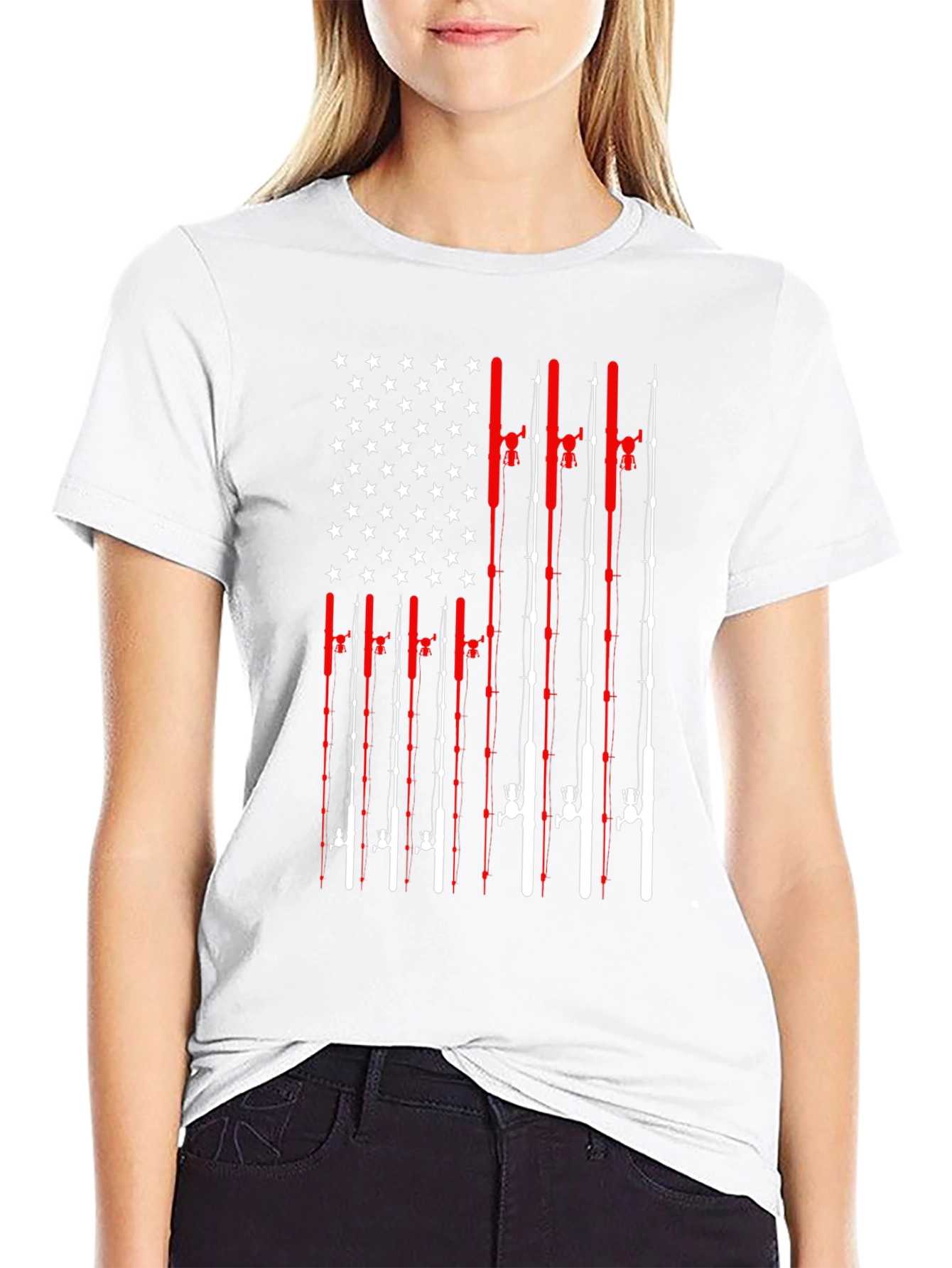 Fishing Rod American Flag Patriotic Graphic T-Shirt