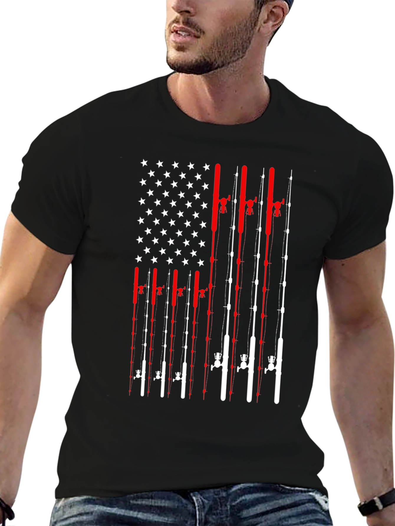 Fishing Rod American Flag Patriotic Graphic T-Shirt