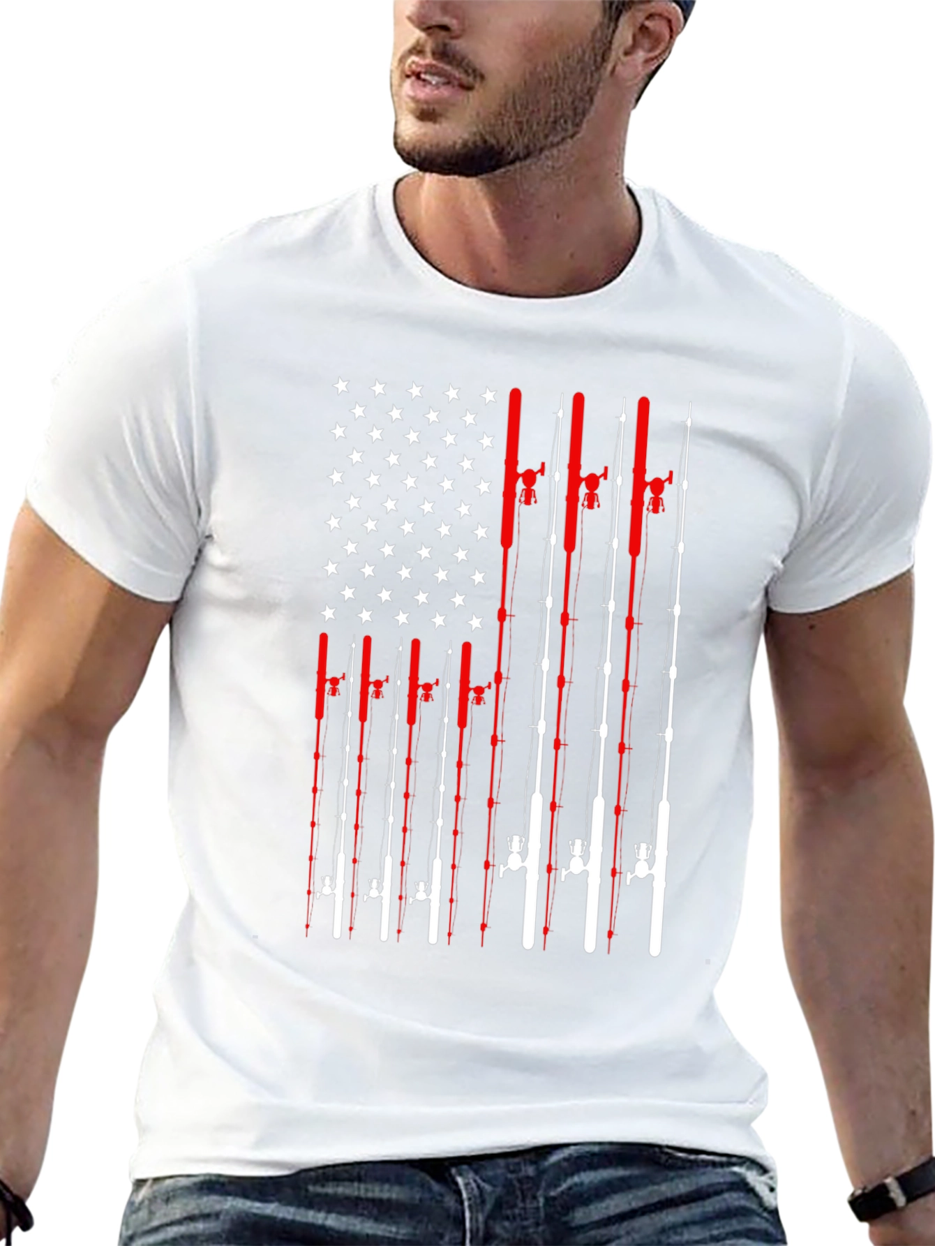Fishing Rod American Flag Patriotic Graphic T-Shirt