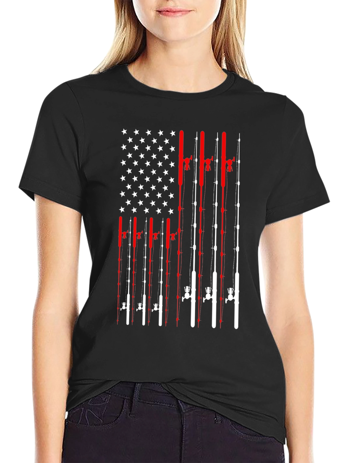 Fishing Rod American Flag Patriotic Graphic T-Shirt