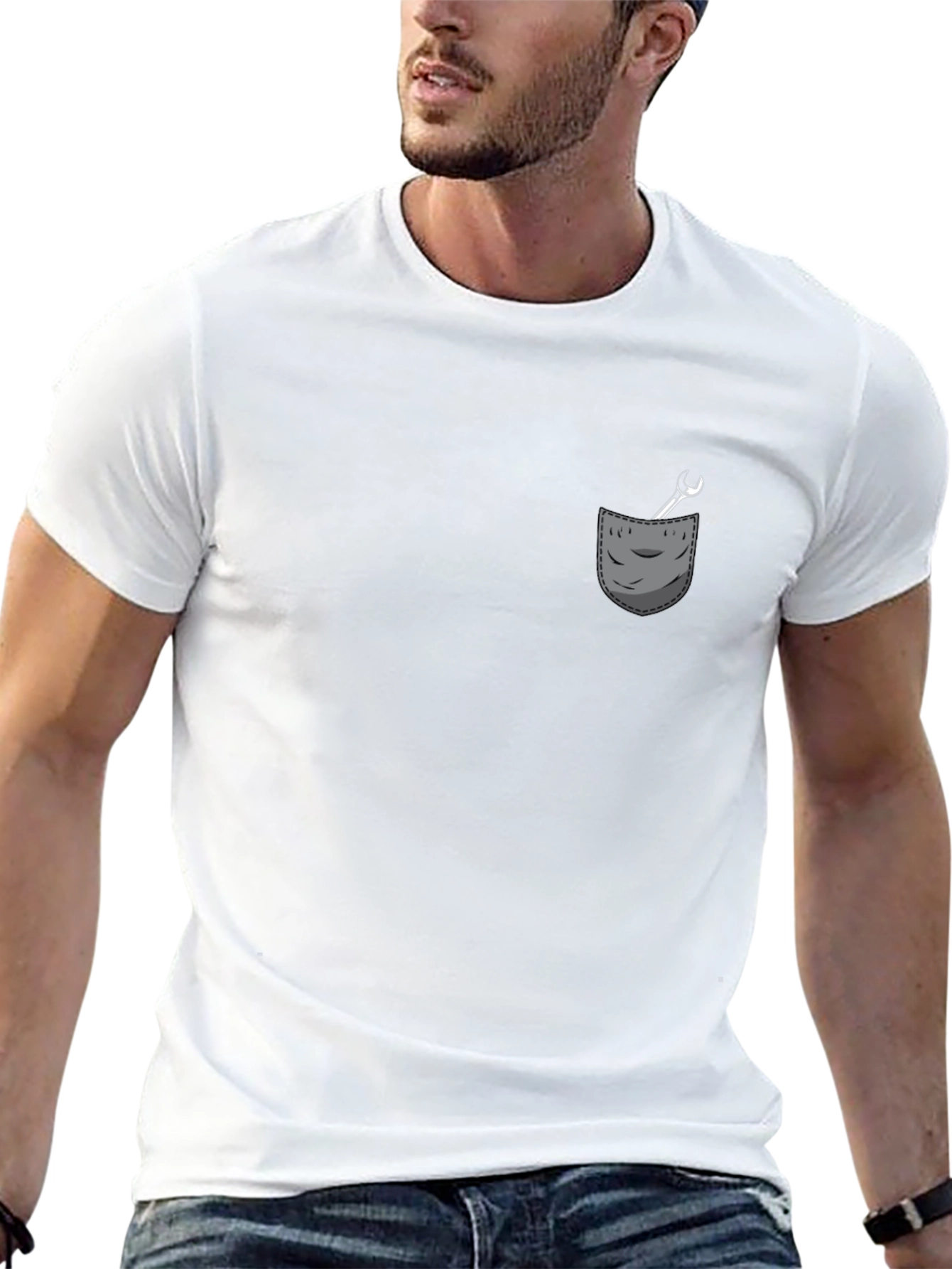 Mens Black T-Shirt with Wrench Pocket Graphic