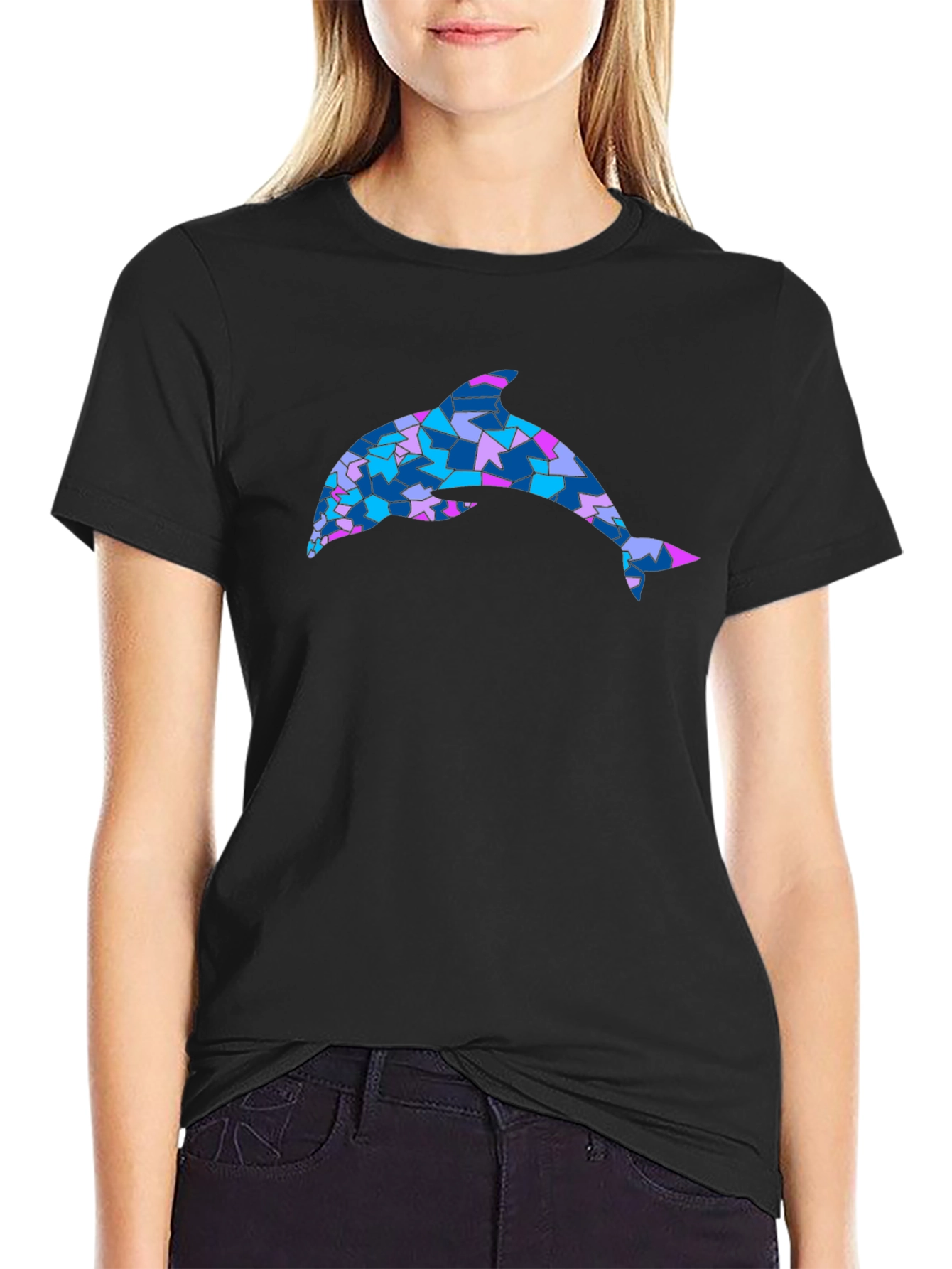 Mosaic Dolphin Graphic Tee - Black Cotton Blend