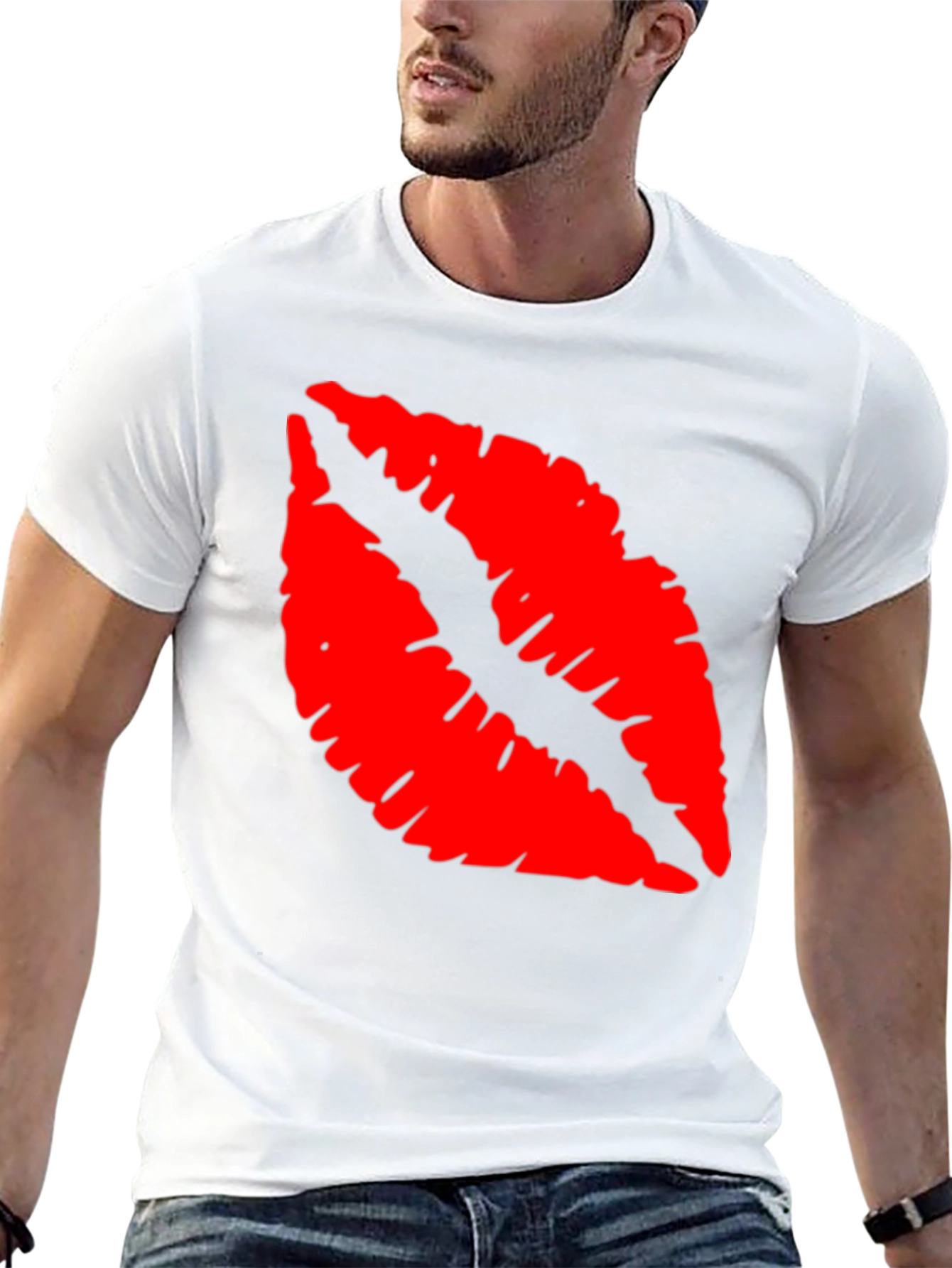 Red Lips Print Black T-Shirt
