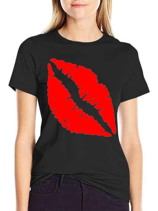 Red Lips Print Black T-Shirt