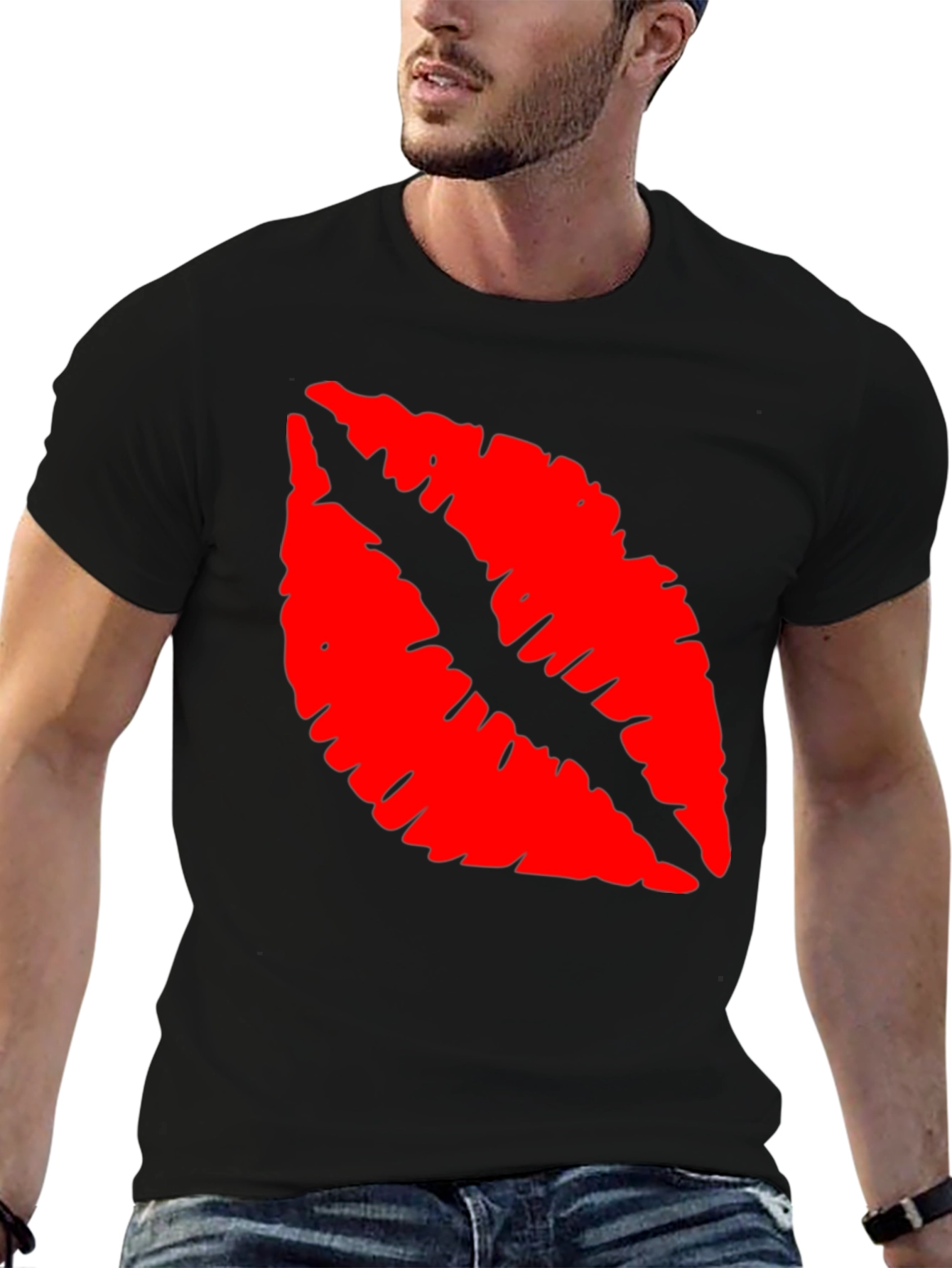 Red Lips Print Black T-Shirt