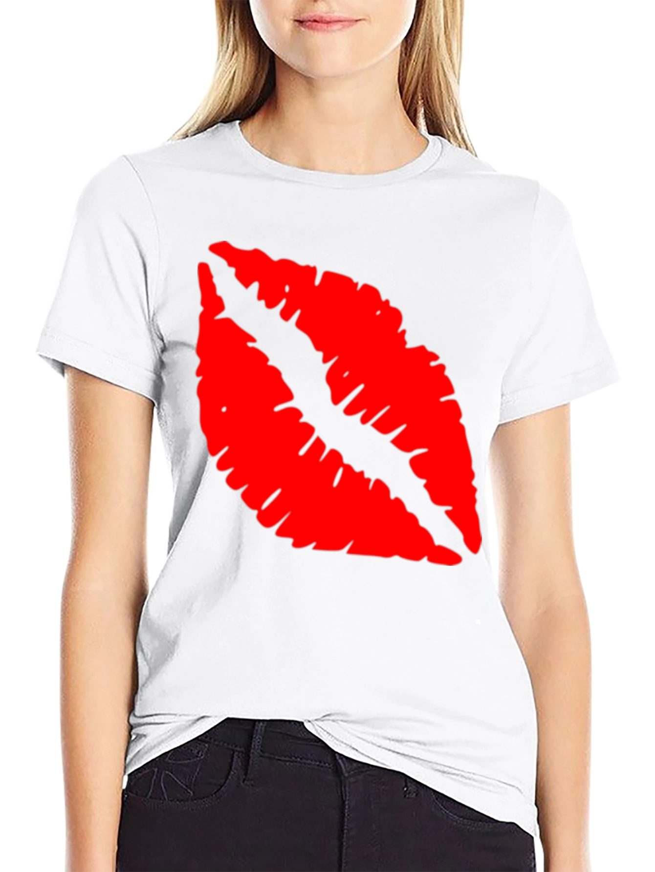 Red Lips Print Black T-Shirt