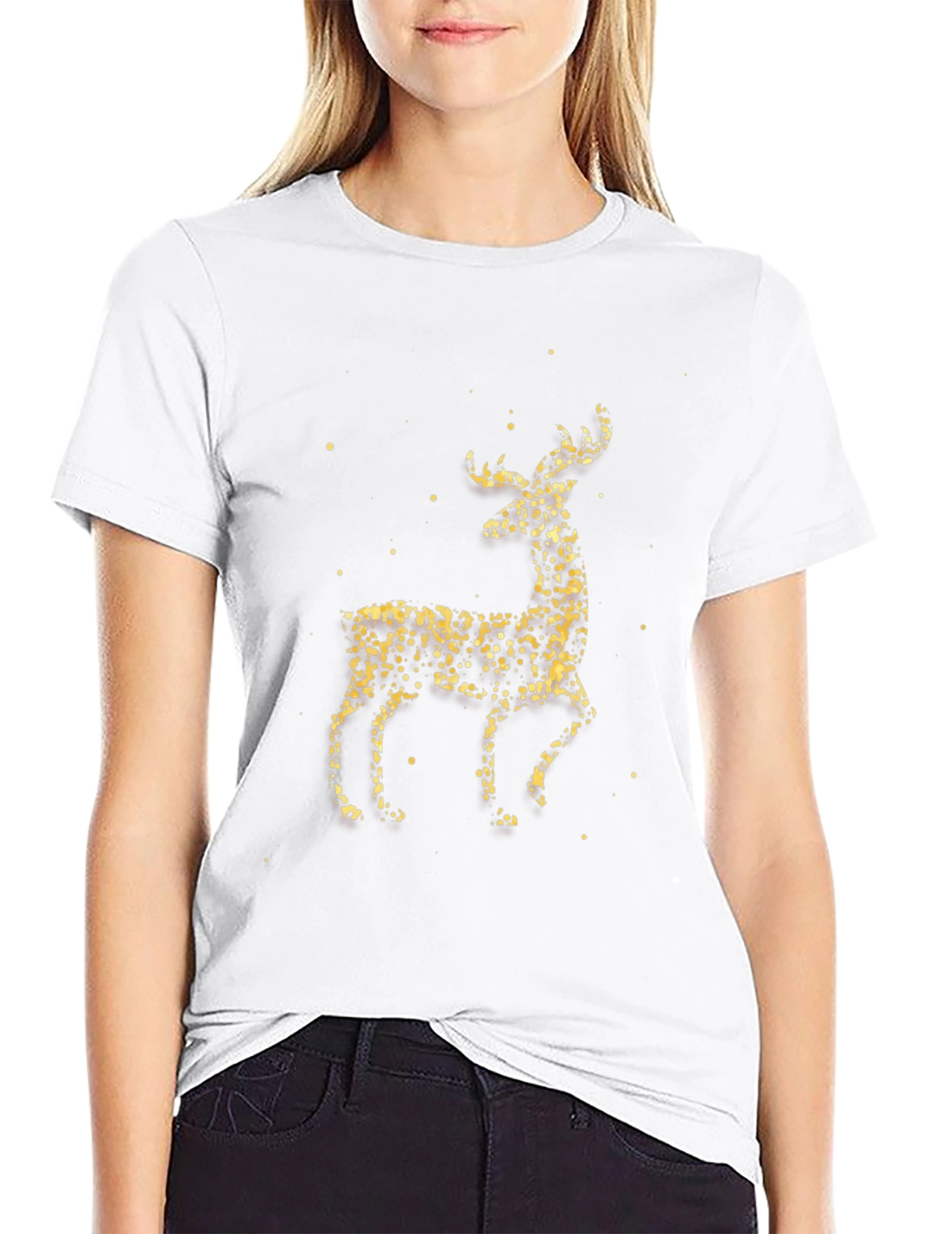 Festive Gold Deer Graphic Tee - Black