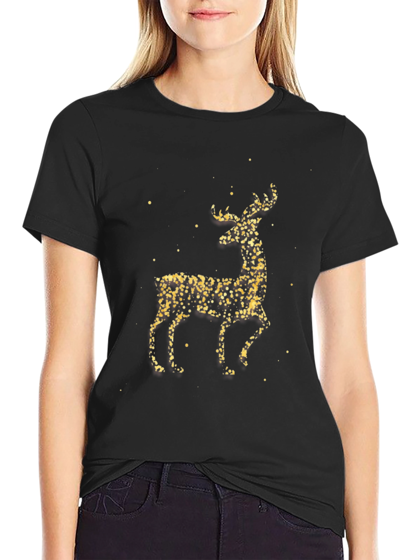 Festive Gold Deer Graphic Tee - Black