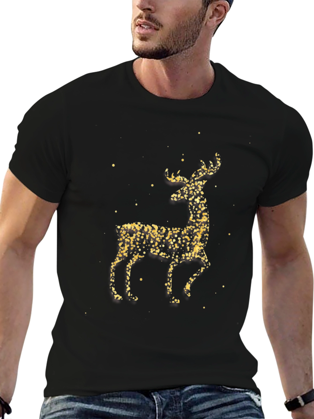 Festive Gold Deer Graphic Tee - Black