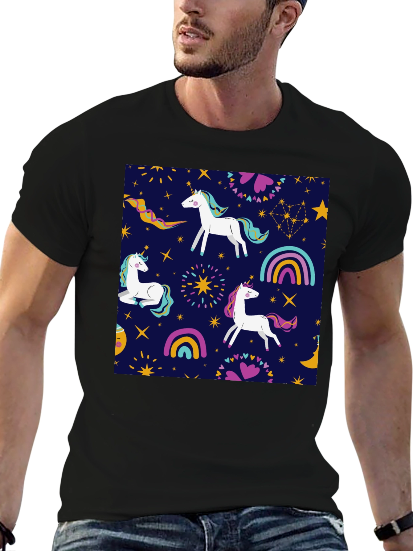Unicorn Pattern Black T-Shirt