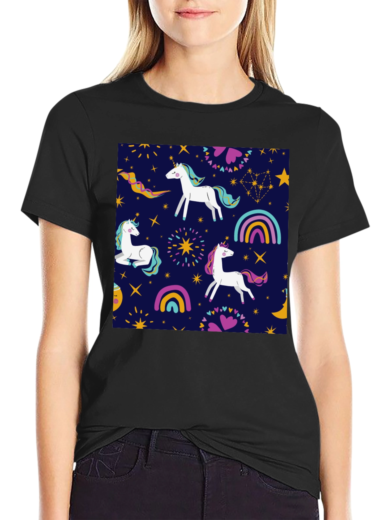 Unicorn Pattern Black T-Shirt