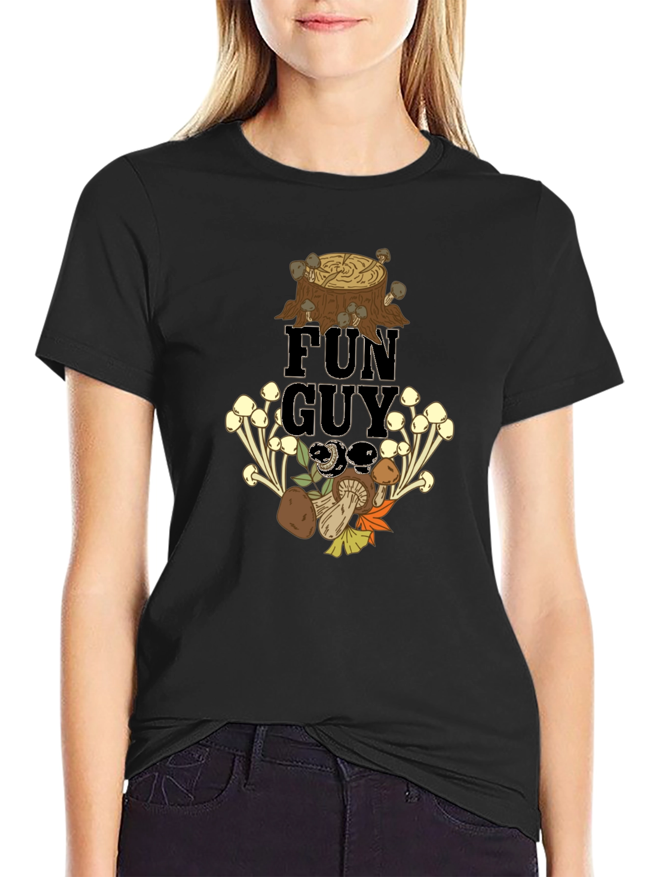 Fun Guy Mushroom Graphic Tee - Black Cotton T-Shirt