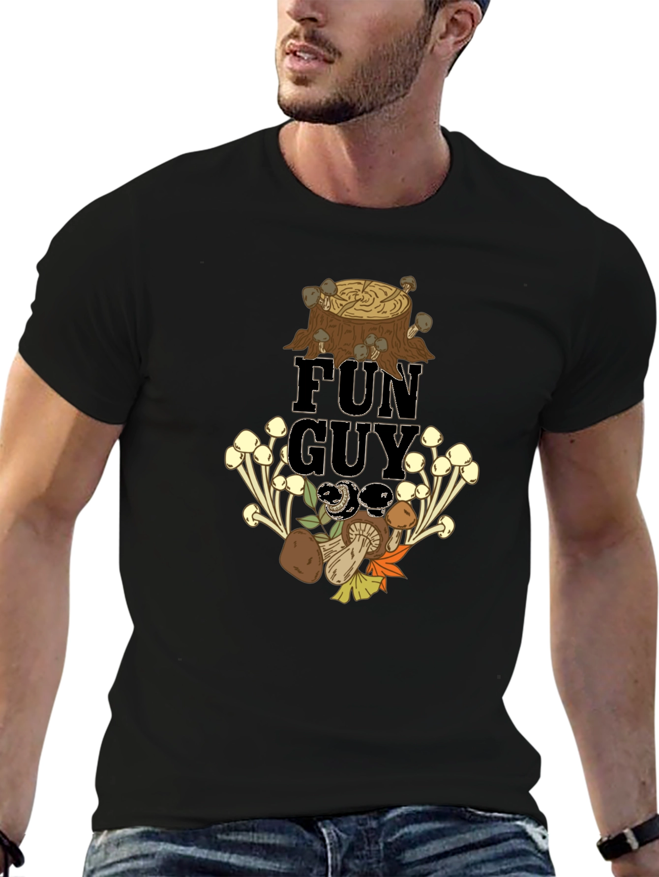 Fun Guy Mushroom Graphic Tee - Black Cotton T-Shirt