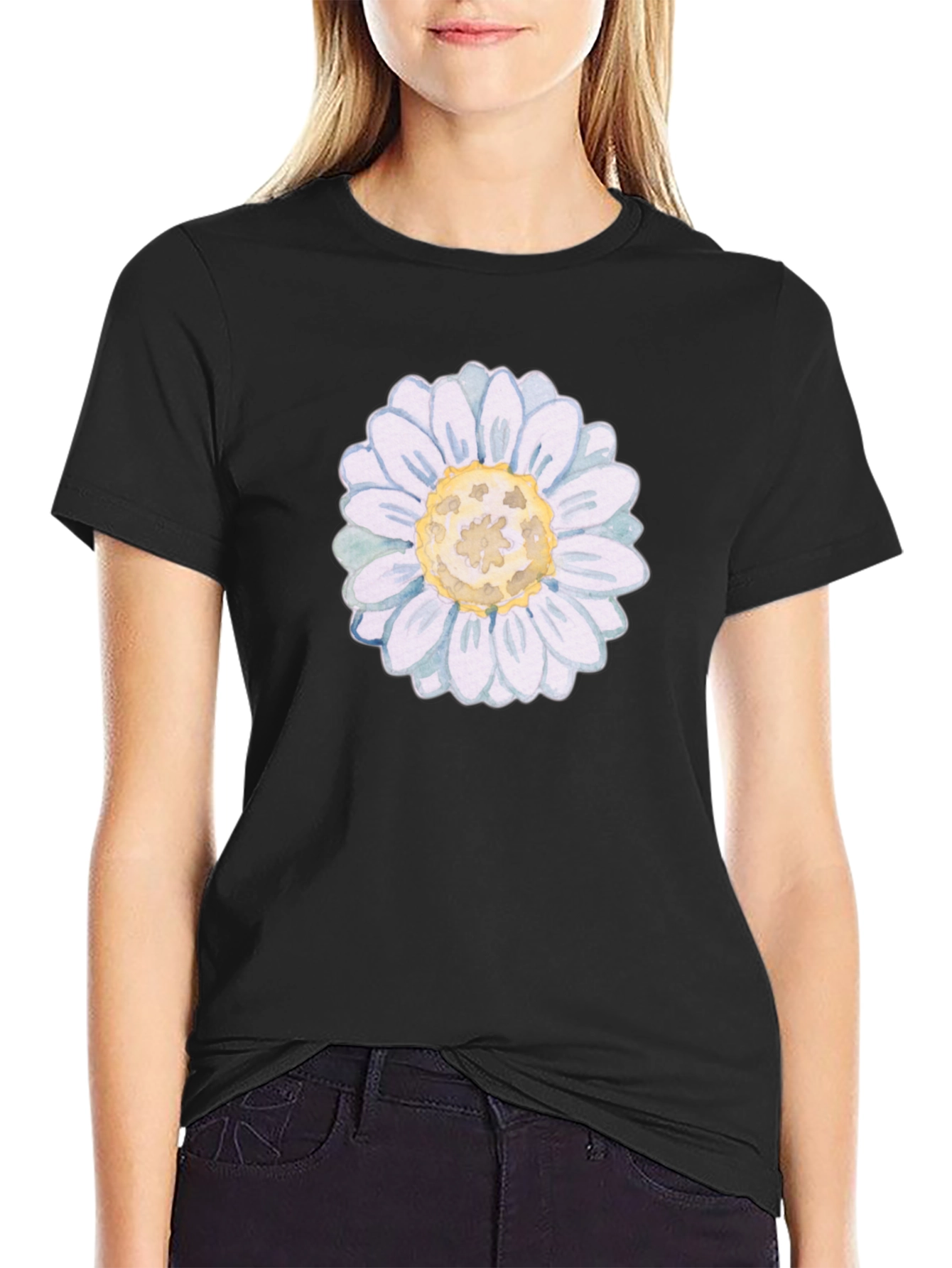 Daisy Flower Graphic Black T-Shirt