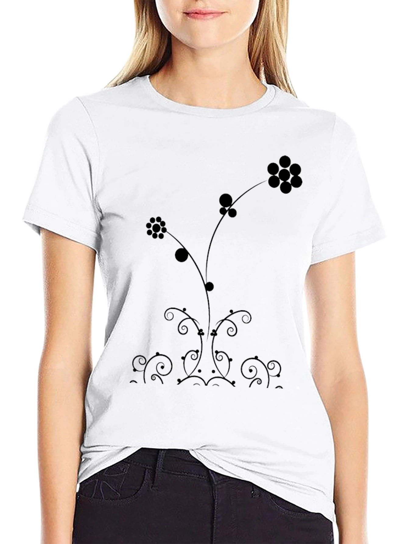 Elegant Floral Print Black T-Shirt
