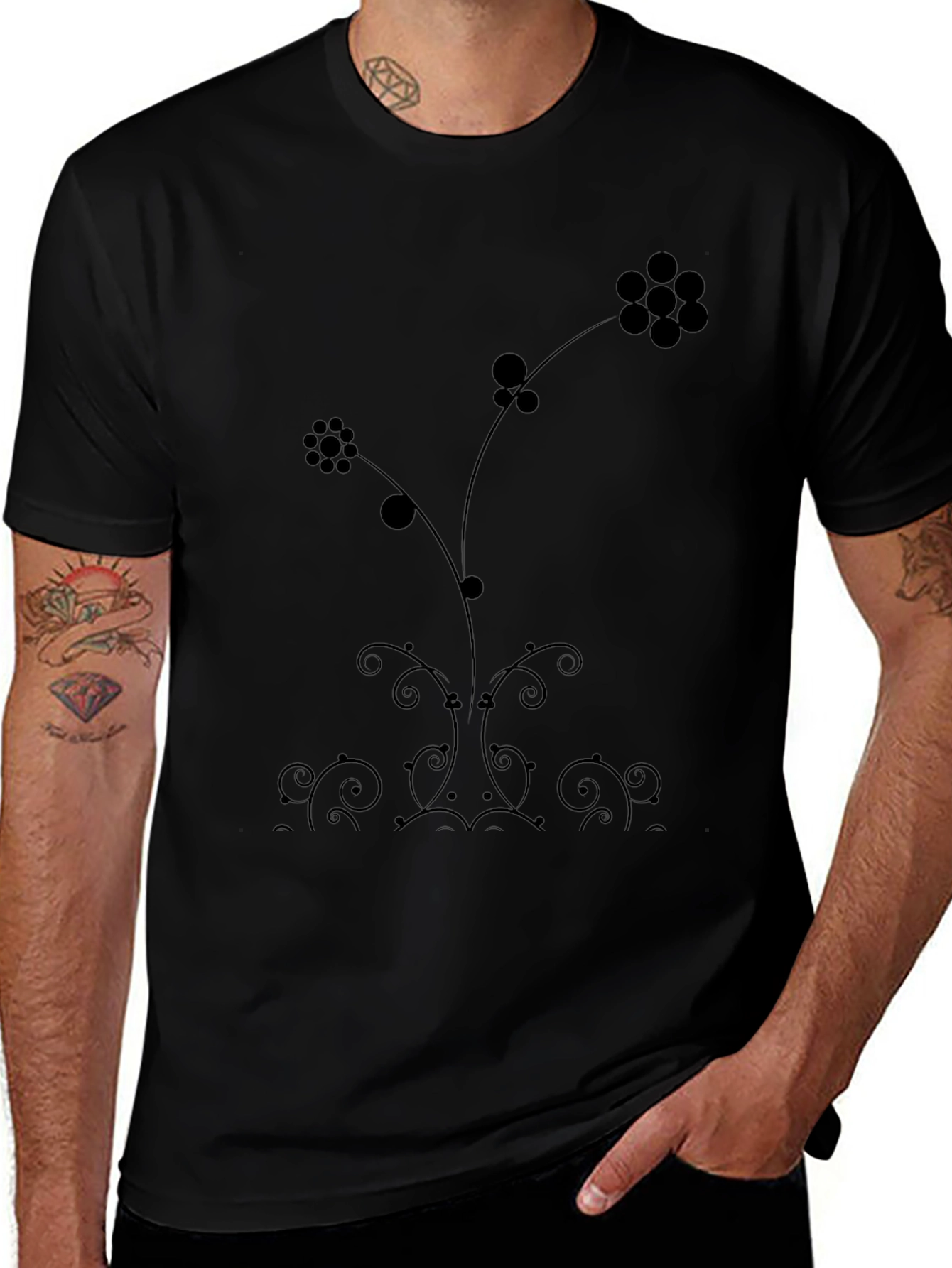 Elegant Floral Print Black T-Shirt