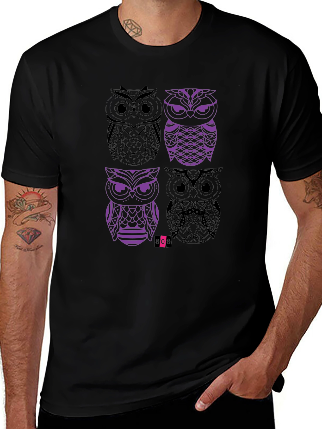 Owl Graphic Print Mens Black T-Shirt