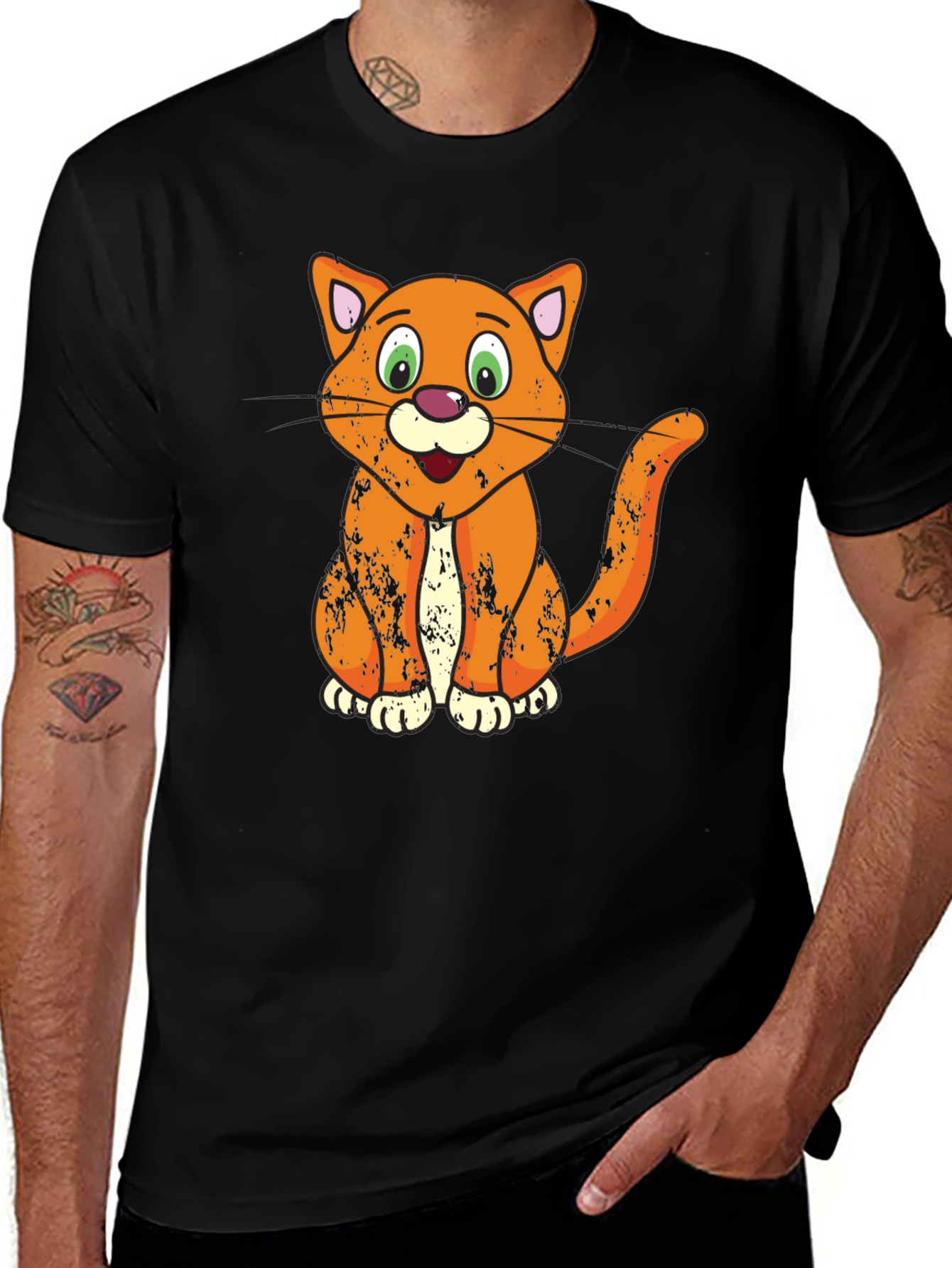 Cartoon Cat Graphic T-Shirt - Black