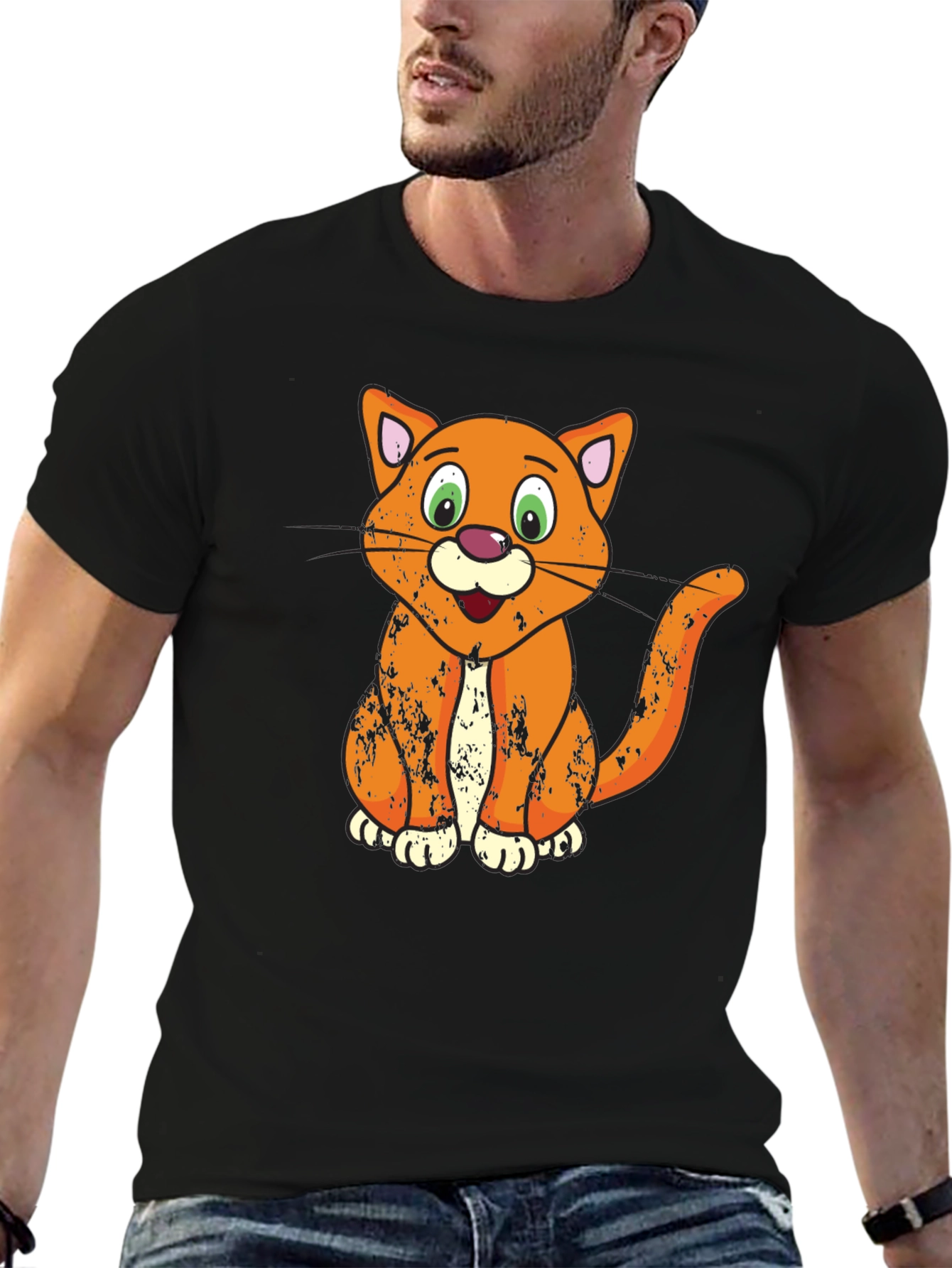 Cartoon Cat Graphic T-Shirt - Black