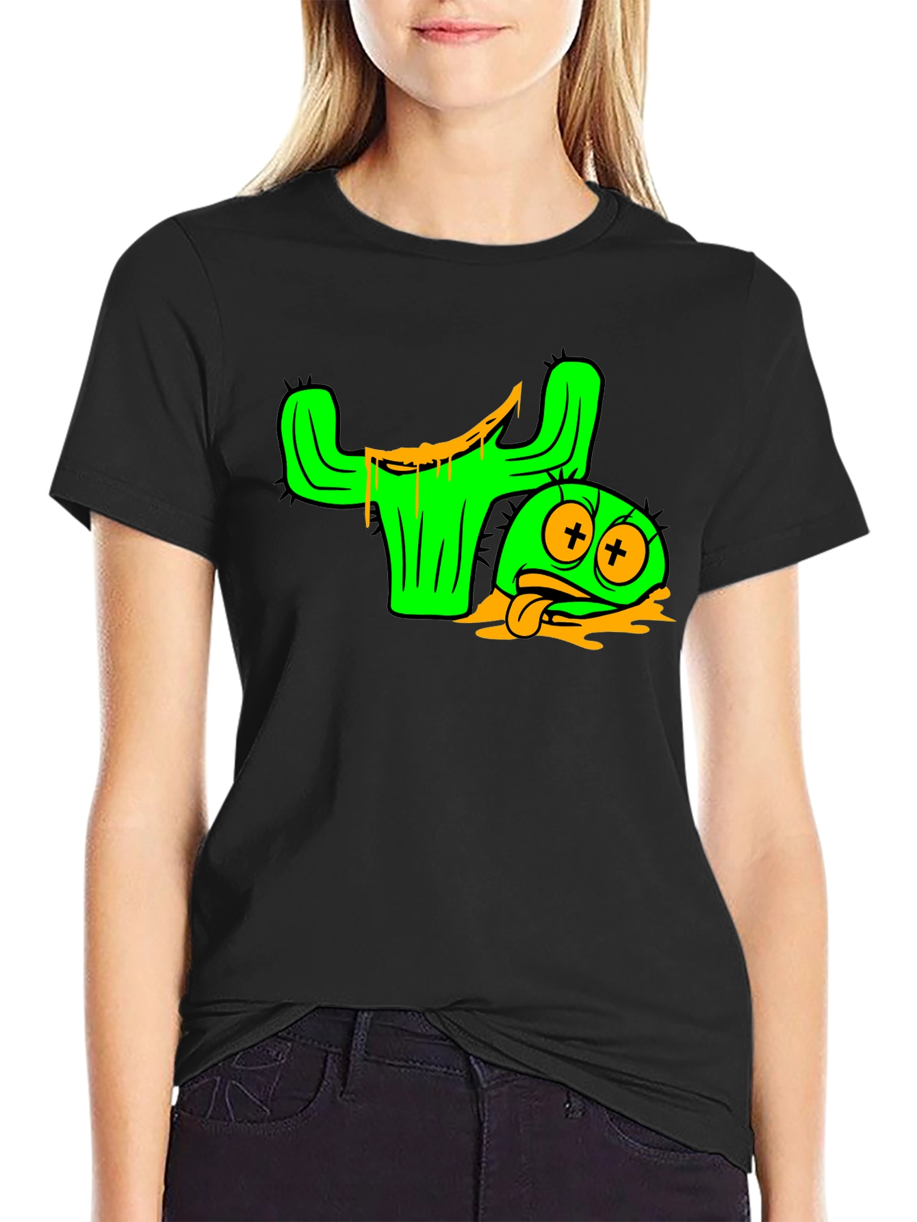 Cactus Character Graphic Tee - Black Cotton Blend