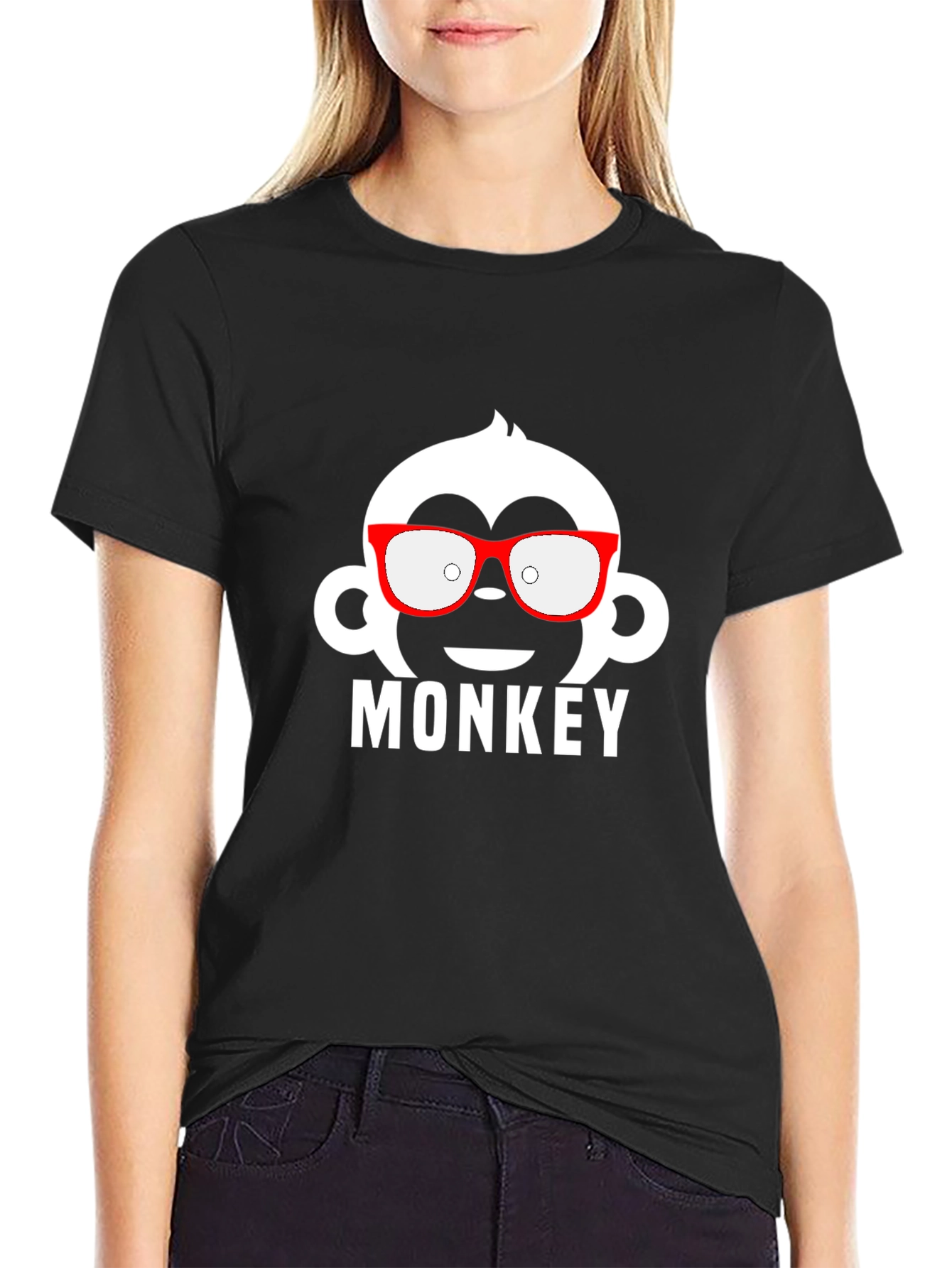 Monkey with Glasses Graphic Tee - Black Cotton T-Shirt